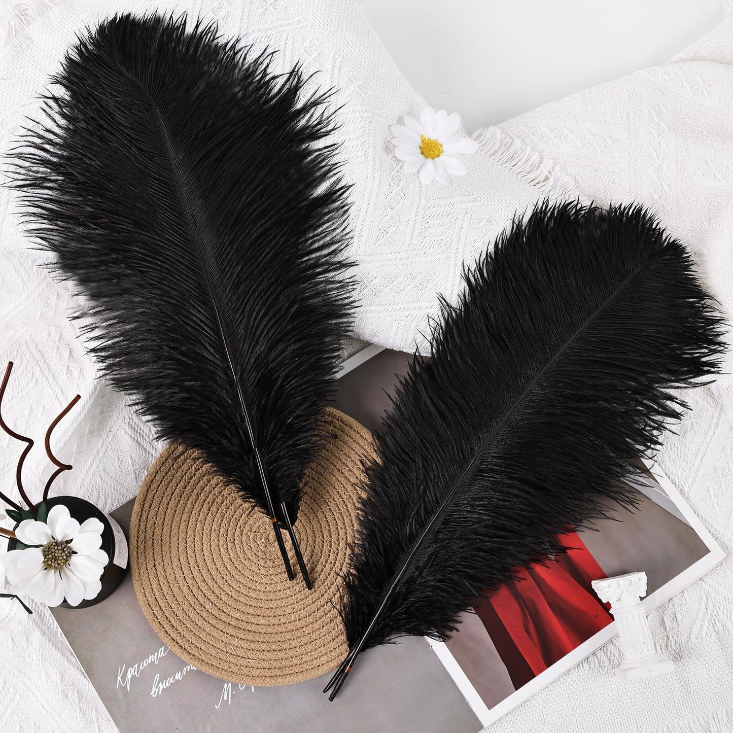 THARAHT Ostrich Feathers 90pcs Large Natural Bulk for Vase Crafts Wedding Party Centerpieces Christmas Tree Decoration Feathers,Black