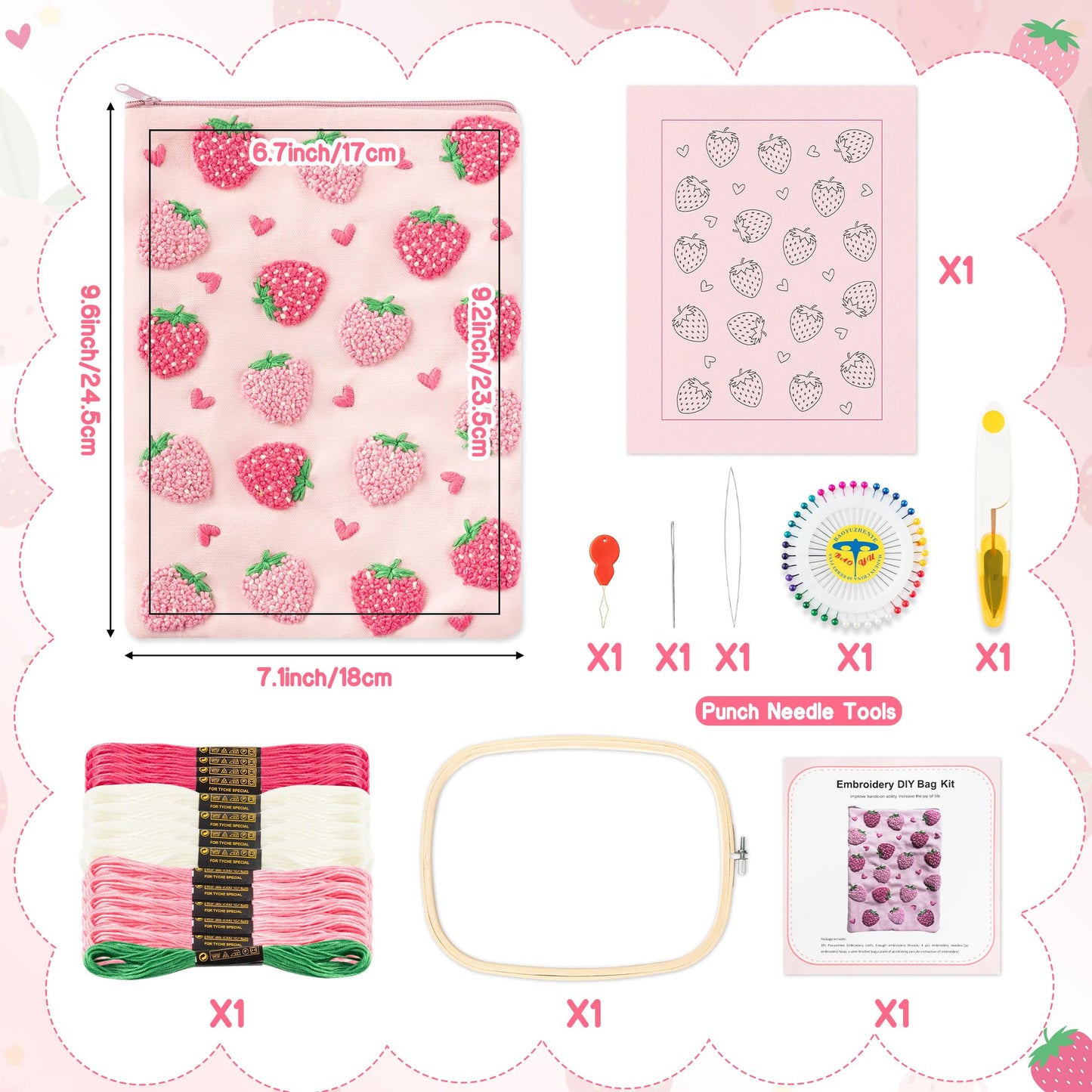 Fiupan All-in-One Strawberry Embroidery Kit - DIY Craft Kit with Thread, Fabric & Needles, Pink Embroidery Pouch for Tablet E-Reader Sleeve, Creative Birthday Gifts for Beginners（7-8 Inch）