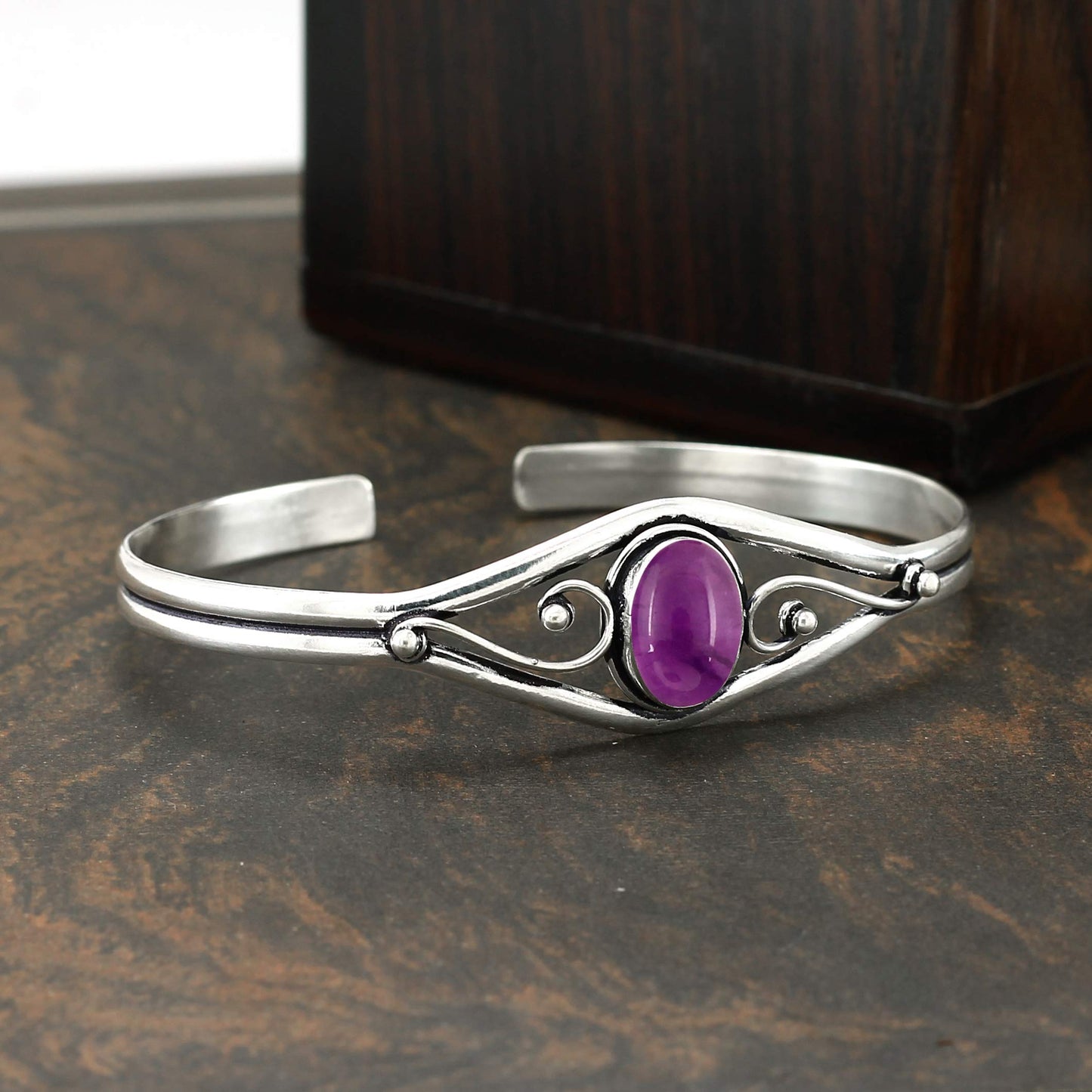 925 Silver Plated Natural Amethyst Cuff Bangle Bracelet for Women – Handmade Open Bangle – Purple Gemstone February Birthstone Statement Jewelry – Gift for Her