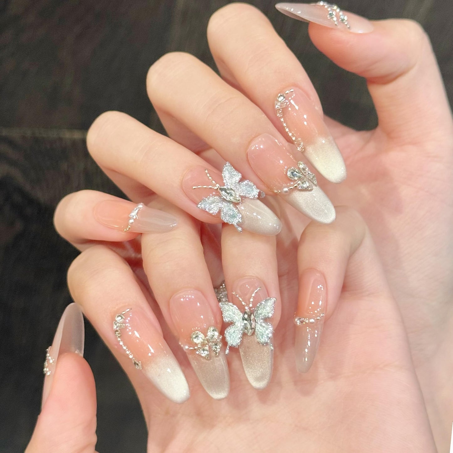 NEUQL Stiletto Elegant Almond Shaped Nails in Pink and White Embellished with Rhinestone Butterflies Handmade Stiletto Press on Nails 3D Luxury Press on Nails (S) - 10 Pieces