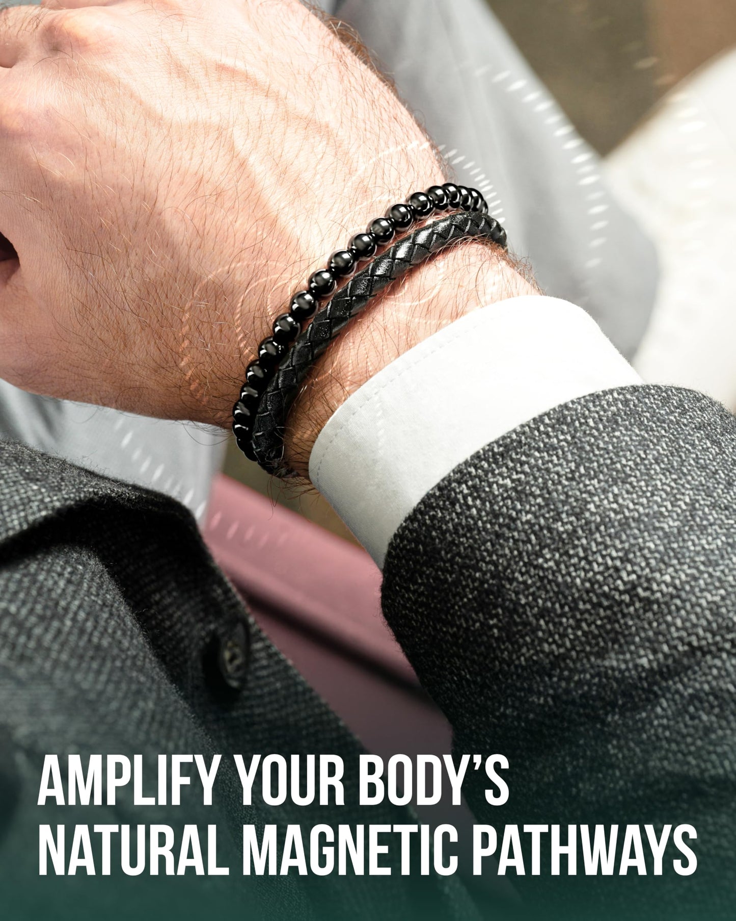 MagnetRX® Hematite & Leather Magnetic Bracelet – Max Strength Natural Stones – Beaded Magnetic Hematite Bracelets (Medium)