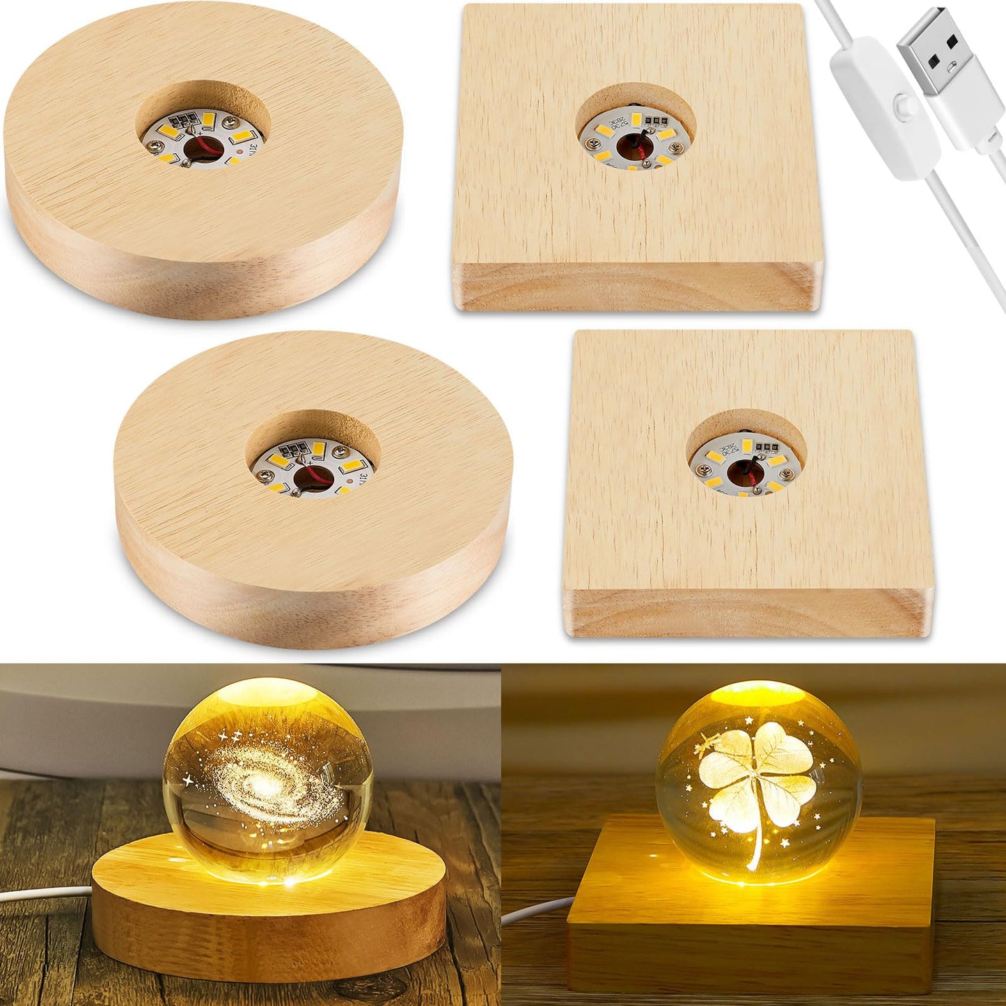 Honoson 4 Pcs LED Light Base - Wooden LED Base for Crystal Wood Light Display for Glass Art Lighted Stand for 3D Glass Resin Art(Square, Round)