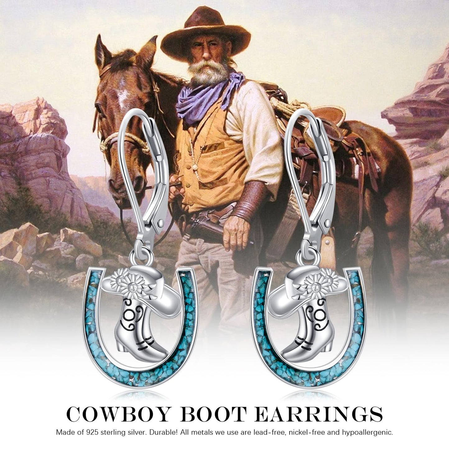 YYmqmq Cowboy Boot Earrings 925 Sterling Silver Turquoise Horseshoe Dangle Earrings Laverback Western Jewelry Christmas Gifts for Women Cowgirl
