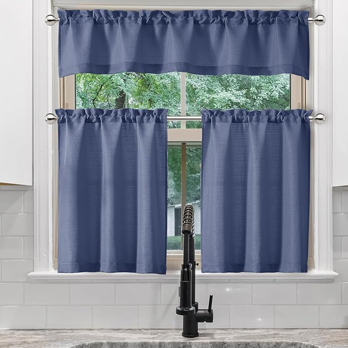 Chyhomenyc Blue Curtains 30 Inch Length, Faux Linen Textured Small Cafe Curtains, Light Filtering Short Curtains for Basement Curtains Window, 30x30 Inch, 2PCS
