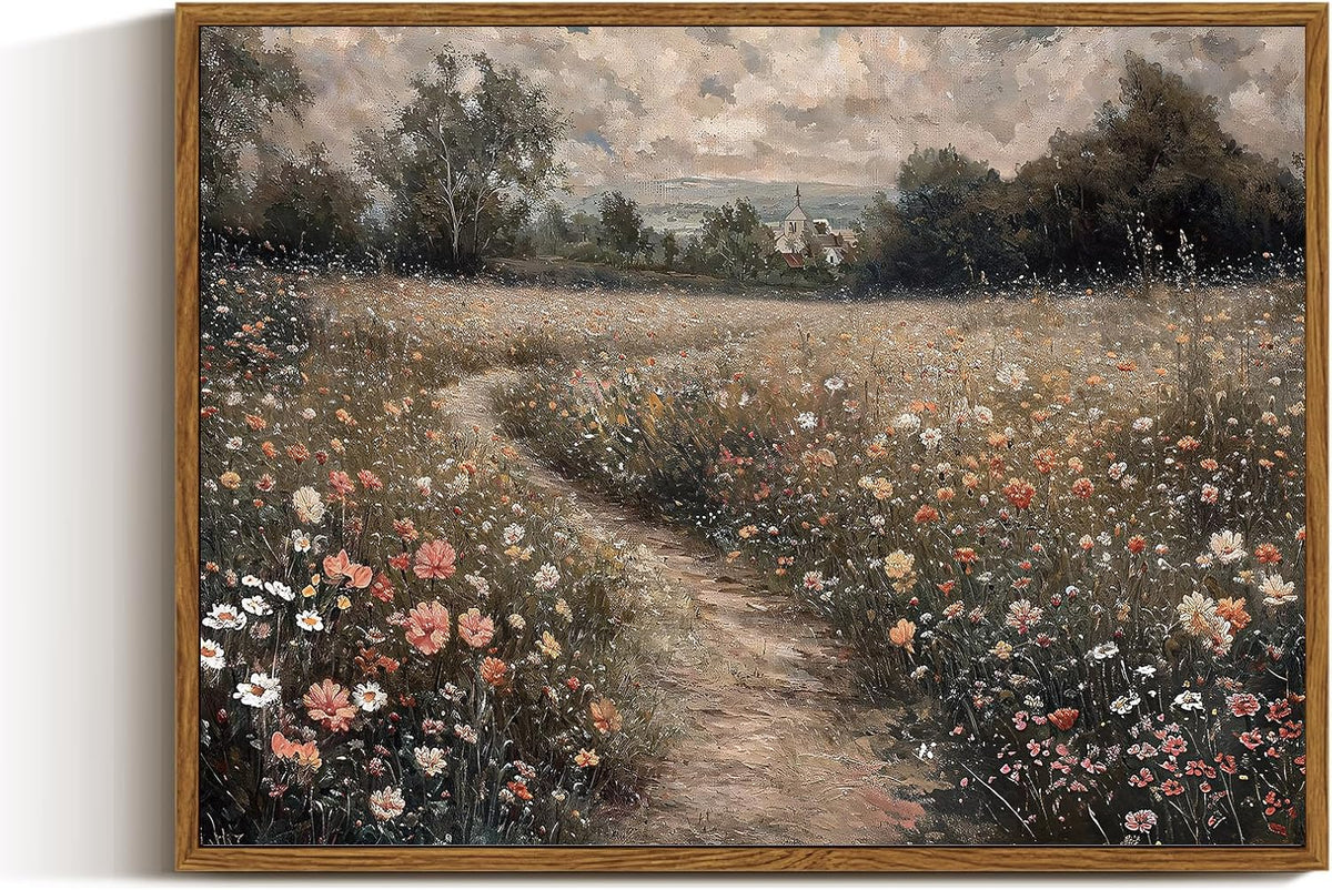 VIYYIEA Framed Canvas Wall Art Home Decor Vintage Landscape Nature Country Wildflower Paintings Farmhouse Pictures Floral Artwork Rustic Flower Prints Cottagecore Living Room Bedroom Bathroom 12x16in