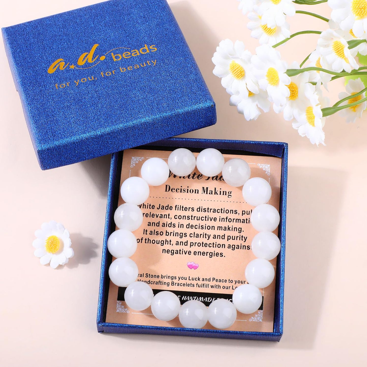 AD Beads Handmade Gemstone Stretch Elastic Bracelet Crystal Healing Reiki Nature's Beauty and Spiritual Essence Unisex (12mm, White Jade (Decision Making))