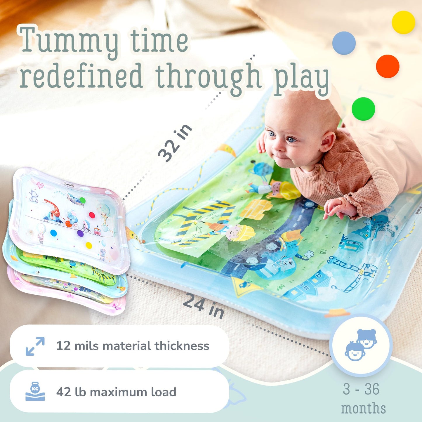 Tummy Time Water Mat for Babies – XXL Sensory Baby Water Play Mat – Award-Winning Infant Activity Mat for Motor Development – Premium, Baby-Safe Water Tummy Time Mat – Construction Site