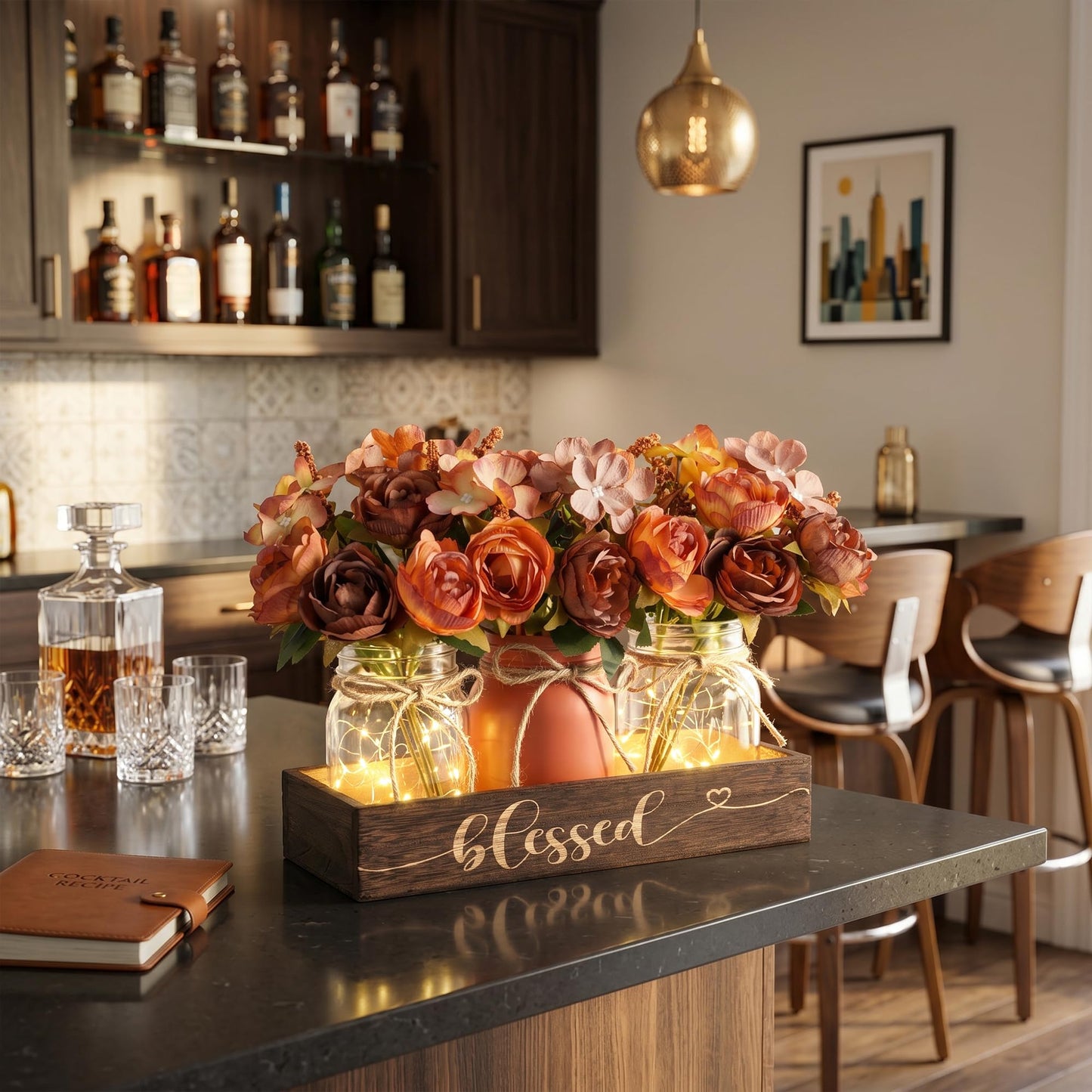 Fancyplus 3 Pcs Mason Jar Centerpiece with Wood Tray & LED Light, Farmhouse Table Decor for Dining Room Kitchen Living Bathroom, Orange