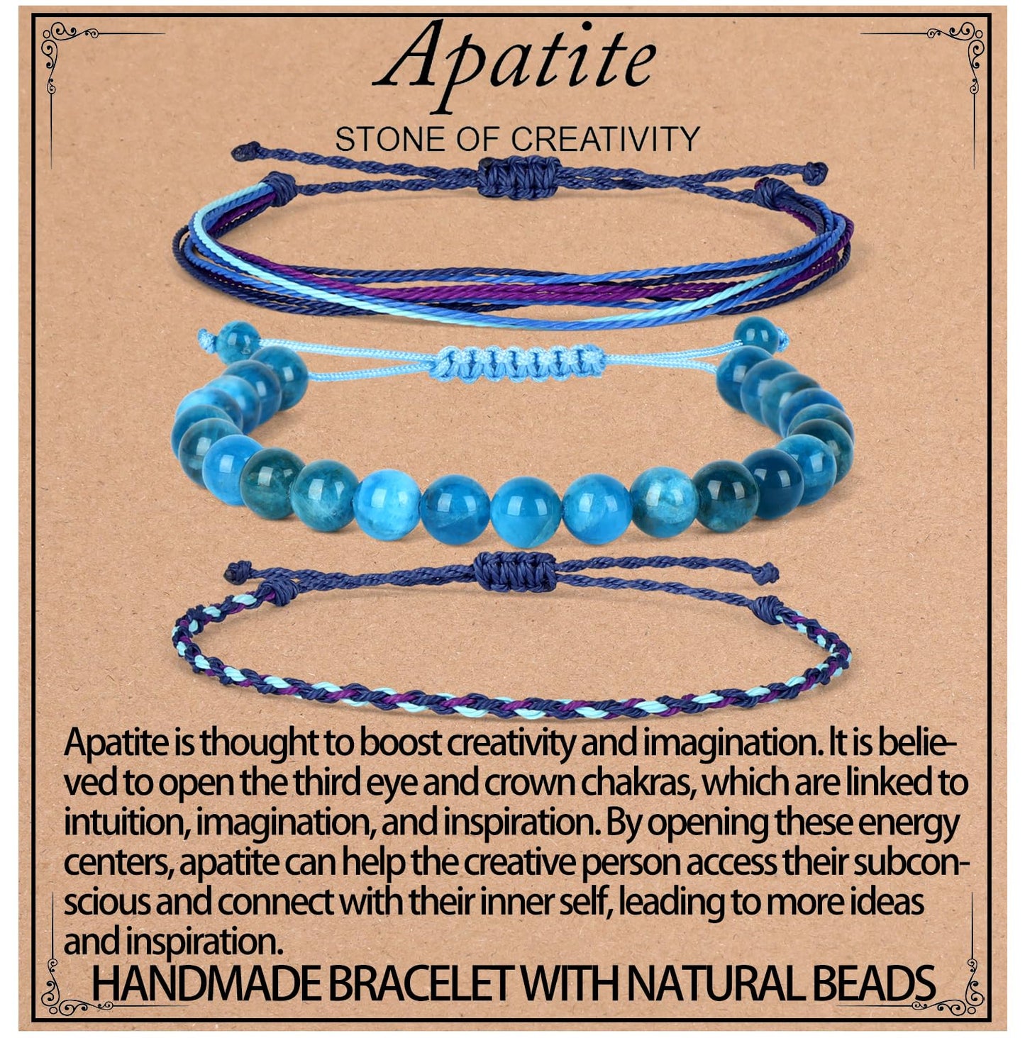 QOGIR Handmade Healing Bracelets,8mm Natural Blue Apatite Gem Stone Beads Bracelet for Men Women Gifts with 2PCS Size Adjustable Rope Bracelets