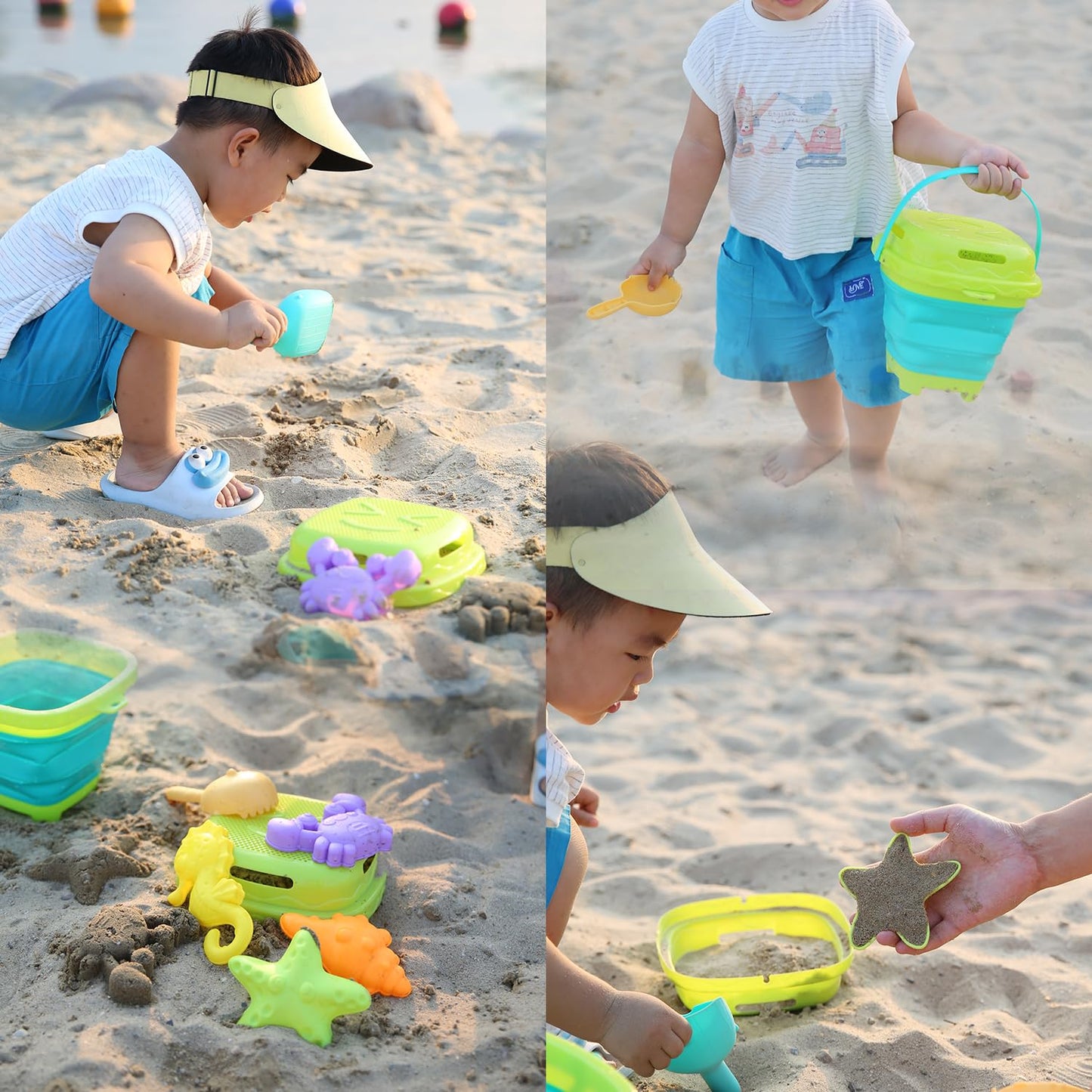 8 PCS Kids Foldable Pail Seabeach Sand Toys Sensory Playset, Portable Sandbox Digging Toys Including Bucket, Shovel, Spoon, 2 in 1 Shell Shark Teeth Sifter & Castle Building Sand Mold Kit for Children