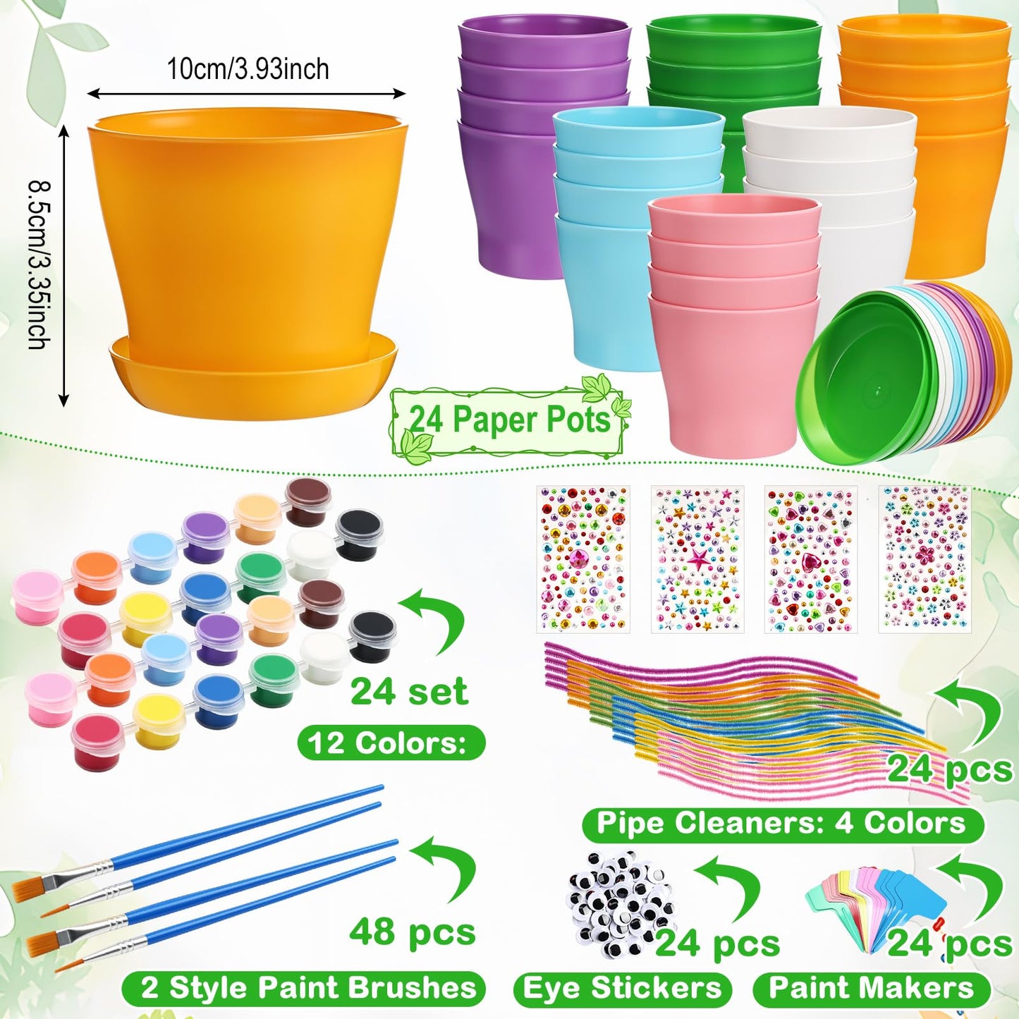 Ferrochef 24 Set Garden Plastic Paintable Flower Pot Craft Kit 4" Starter Pots DIY Painting Party Supplies Acrylic Paint Strips Gardening Kit for Planting Crafts Birthday Spring Gift (Round)