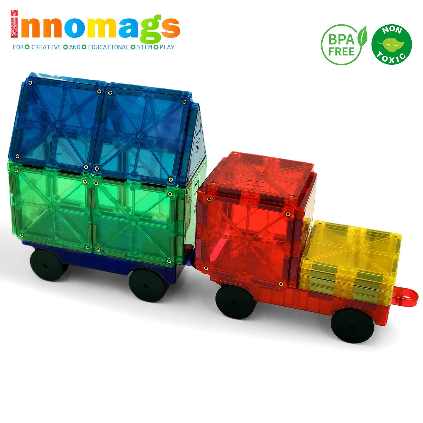 Innomags Magnet Tiles 110 Piece Magnetic Building Blocks Jumbo Tile Set, Clear 3D Magnetic Tiles Stem Educational Construction Playboards for Kids, Creative Clickins, Wheels, Bag, Safety Certified