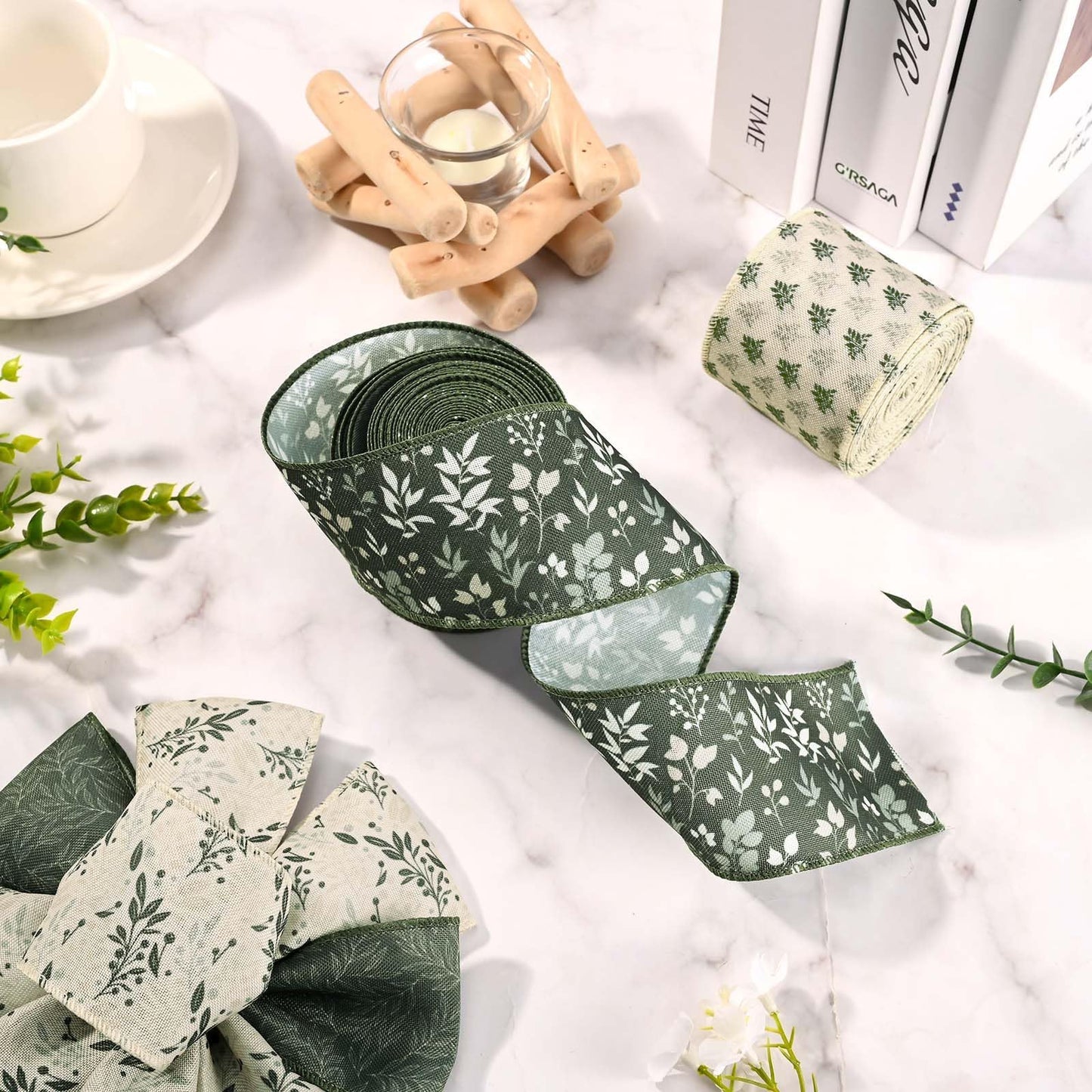 4 Rolls 20 Yards Sage Green Wired Edge Ribbon 2.5 Inch Spring Botanical Floral Buralp Ribbon Greenery Flower Fabric Ribbon for Gift Wrapping DIY Bow Wreath Making Spring Holidays Party Decorations