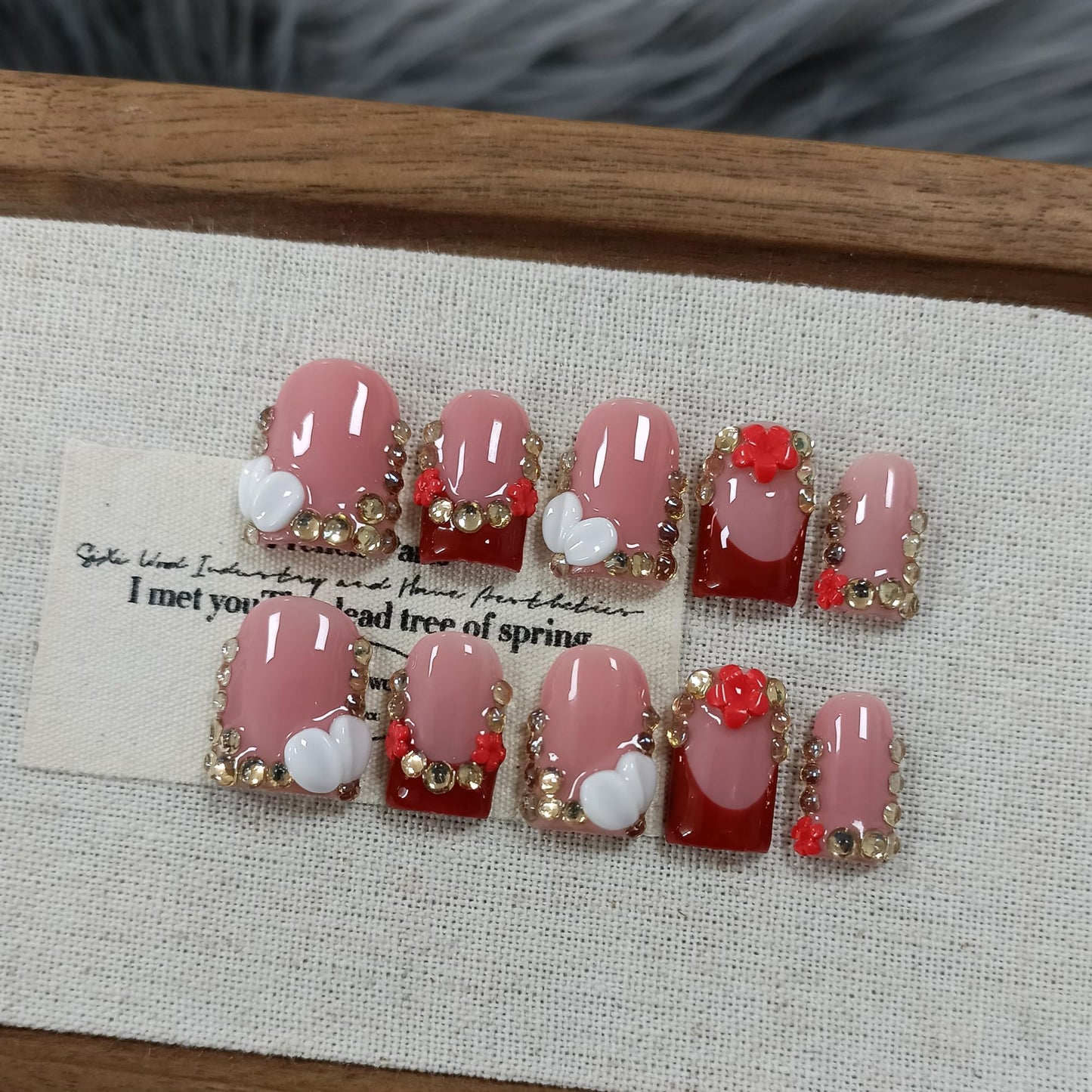 TENPAL Short Squoval Press on Nails - Red French Tip with Rhinestone Edge & Floral | Nude Pink Glossy Fake Nails | Clean Girl Manicure Set(M)