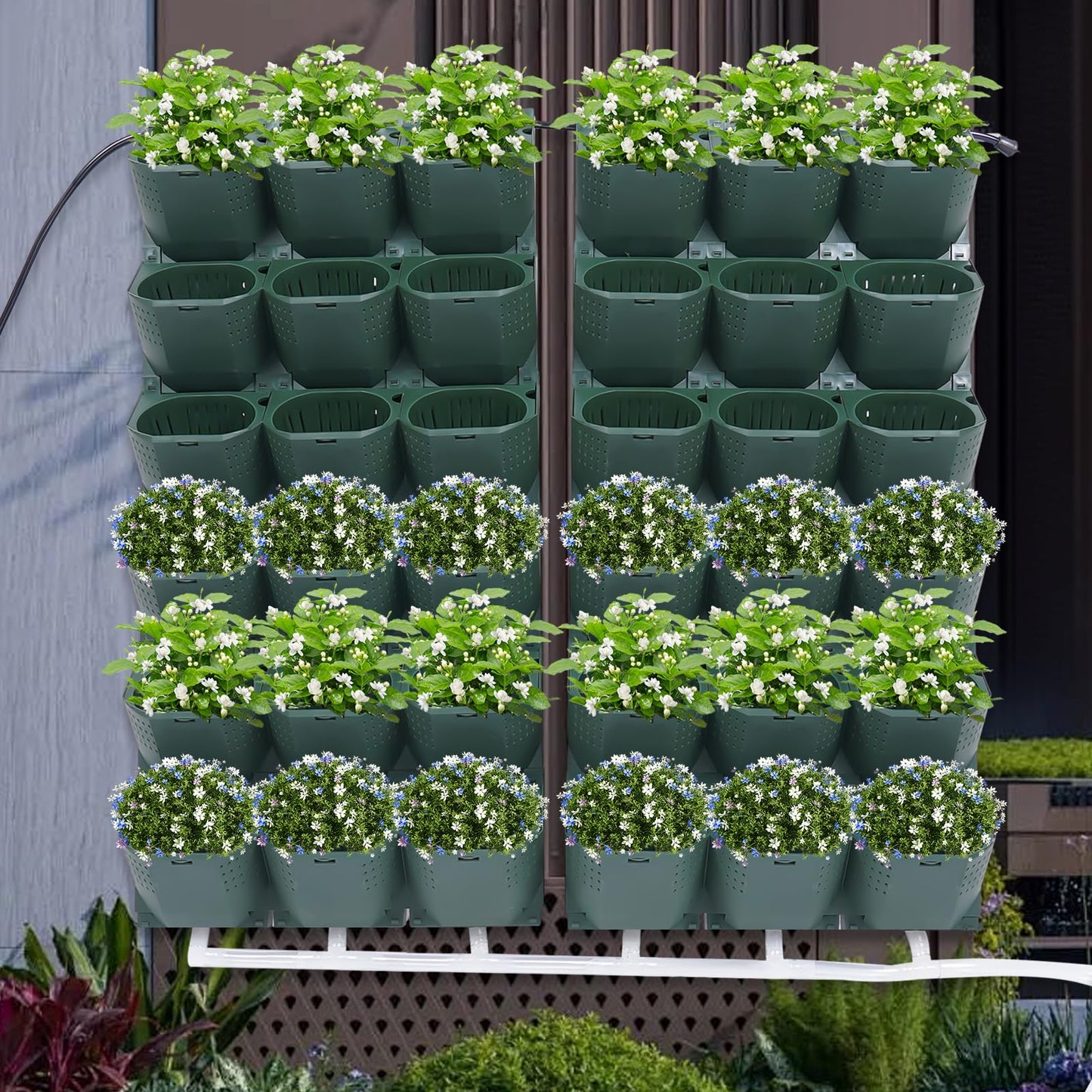 WANLECY Self-Watering Wall-Mounted Planter with Drip System and Timer Indoor/Outdoor Decor, Vertical Wall Planter with 36 Pots for Herbs Vegetables Fruits (Dark Green)