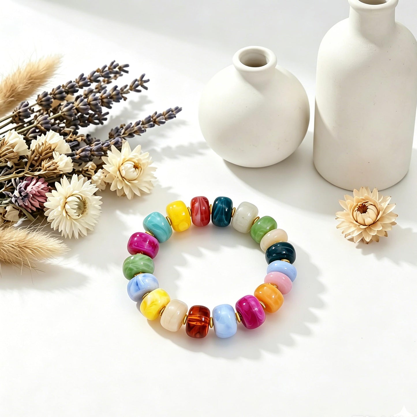 chorfla Colorful Beaded Bracelets for Women, Boho Rainbow Chunky Resin Elastic Stretch Bracelet, Vibrant Summer Beach Jewelry Gift