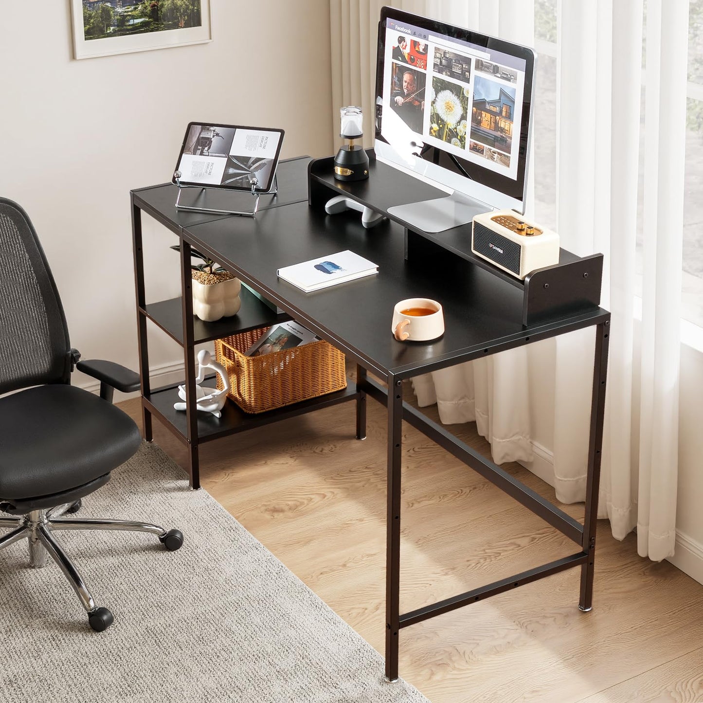 MINOSYS 47-inch Computer Desk with Storage Shelf - Your Ideal Black Gaming Desk for Bedrooms, Small Spaces, and Home Offices. This Modern Writing Desk is Perfectly Suited for PCs.