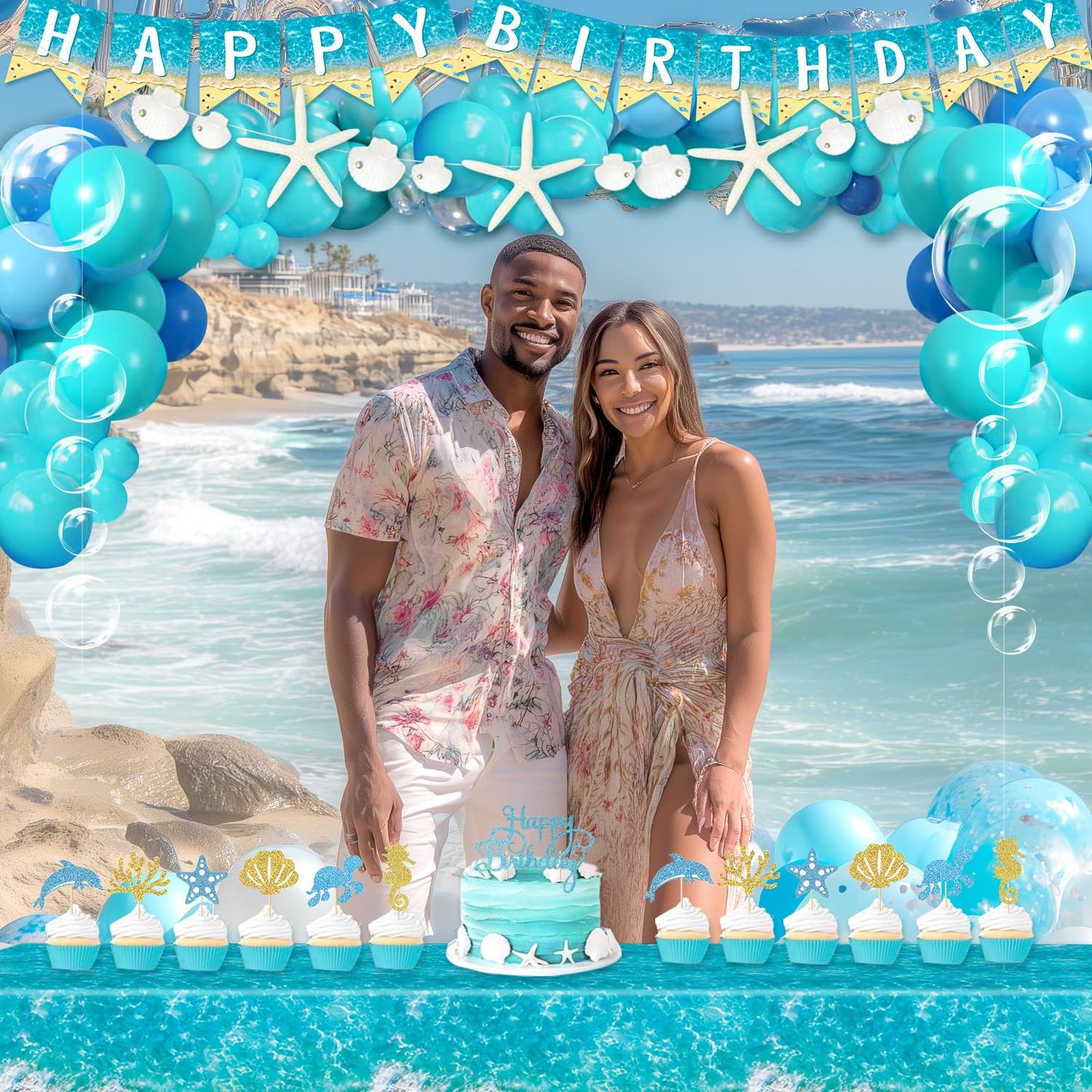 Beach Birthday Party Decorations, Ocean Waves Birthday Supplies - Under the Sea Balloons, Ocean Backdrop, Beach Tablecloth, Bubble Garland, Seashell Banner, Sea Creatures Cake Toppers