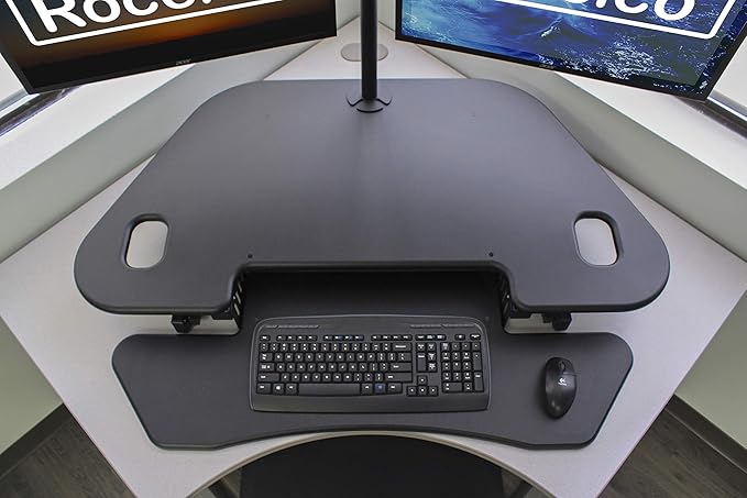 Rocelco 46" Height Adjustable Corner Standing Desk Converter with Dual Monitor Arm Bundle - Quick Sit Stand Up Computer Workstation Riser - Extra Large Keyboard Tray - Black (R CADRB-46-DM2)