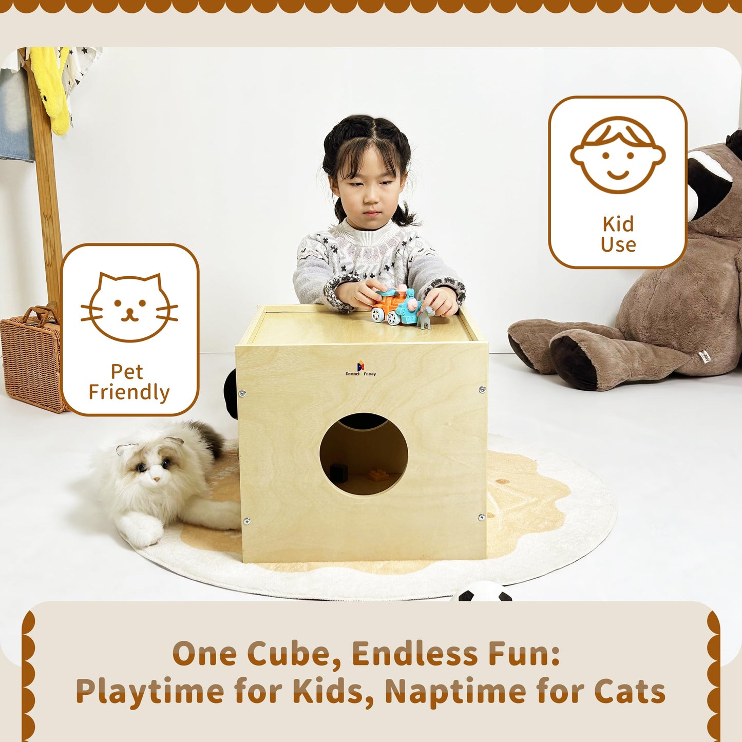 Damoch Family® Multi-Functional Wisdom Play Cube - Kids Play Table, Activity Center, Cube Toy, Toy Box Storage Organizer, Bedside Table & Cat Hideout |1.1 Pound Building Blocks & Base Plate Supplied