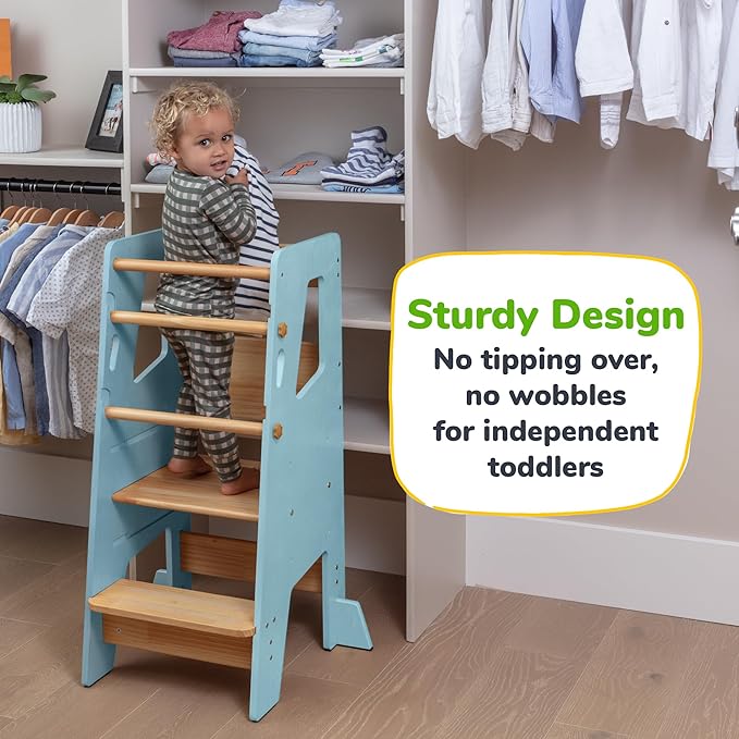 OCODILE Toddler Standing Tower - Adjustable Height Toddler Kitchen Stool Helper - Ideal Kids Kitchen Step Stool for Learning New Skills - Updated Design with Safety Feet - Blue