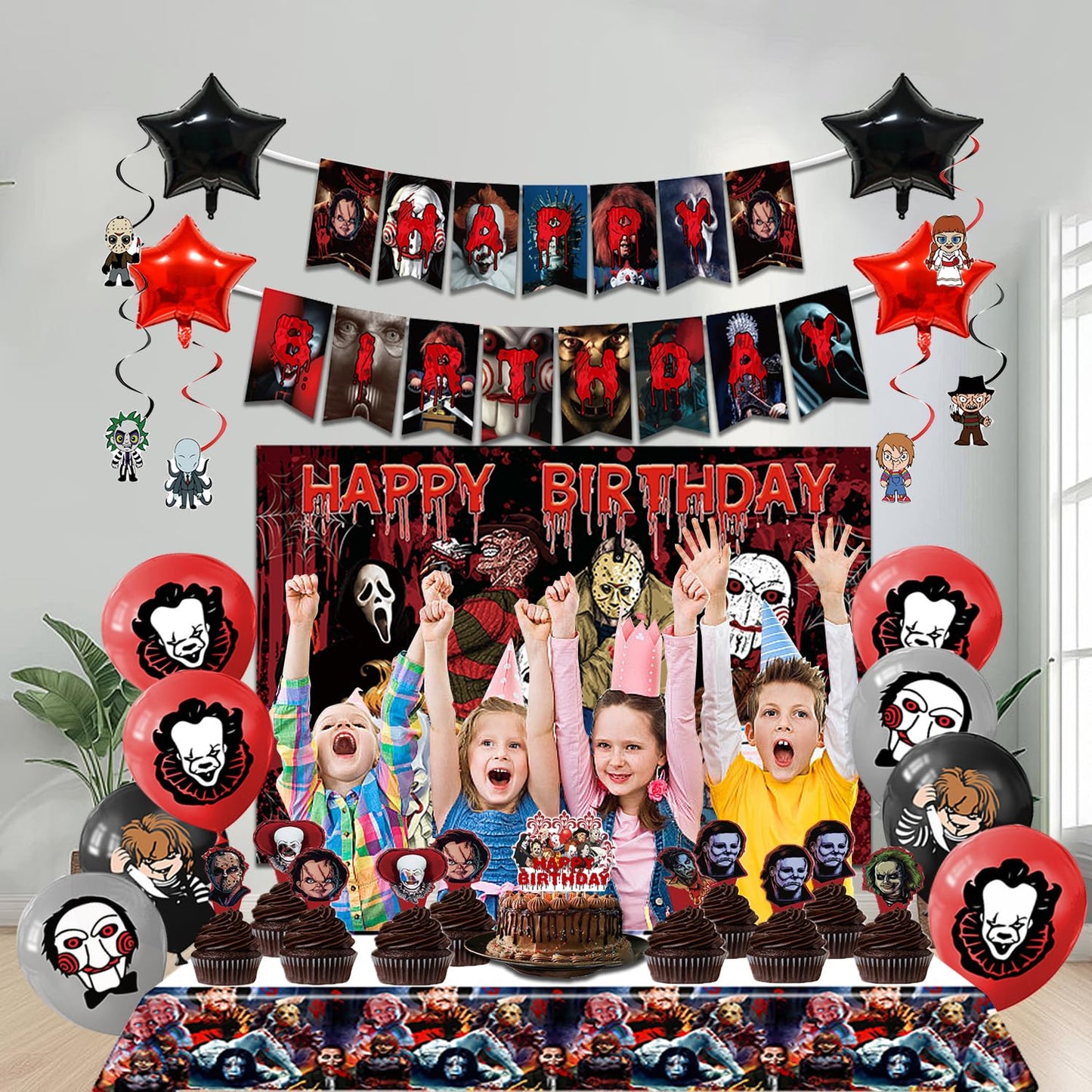 Mtgluk Horror Birthday Party Decorations Kit – 38 Pcs Halloween Themed Supplies with Banner, Backdrop, Tablecloth, Balloons & Cake Toppers for Spooky Celebrations