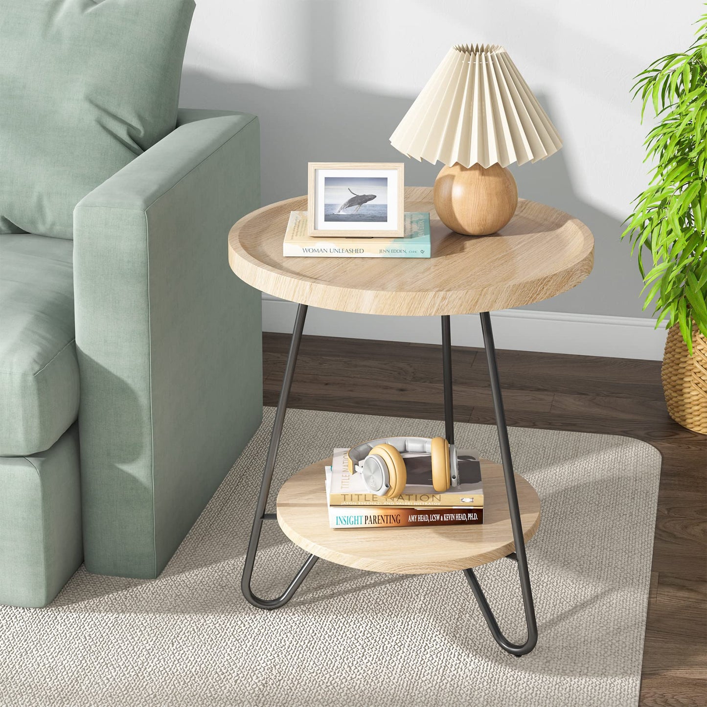 Tribesigns Round Side Table, 2-Tier End Table with Metal Legs, Modern Industrial Beside Table, Small Accent Table Snack Table for Living Room, Bedroom, Small Space, Easy Assembly, Wood Color
