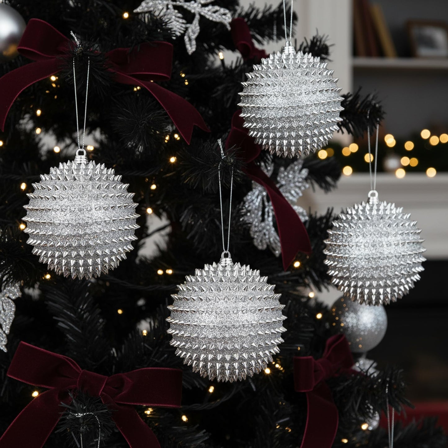 Spiked Glitter Christmas Ornaments, 4PCS 4.33" Handcrafted Cone Stud Ball Decorations in Punk Rock Gothic & Modern Glam Style, Shatterproof Christmas Tree and Holiday Decor for Home Party or Gift