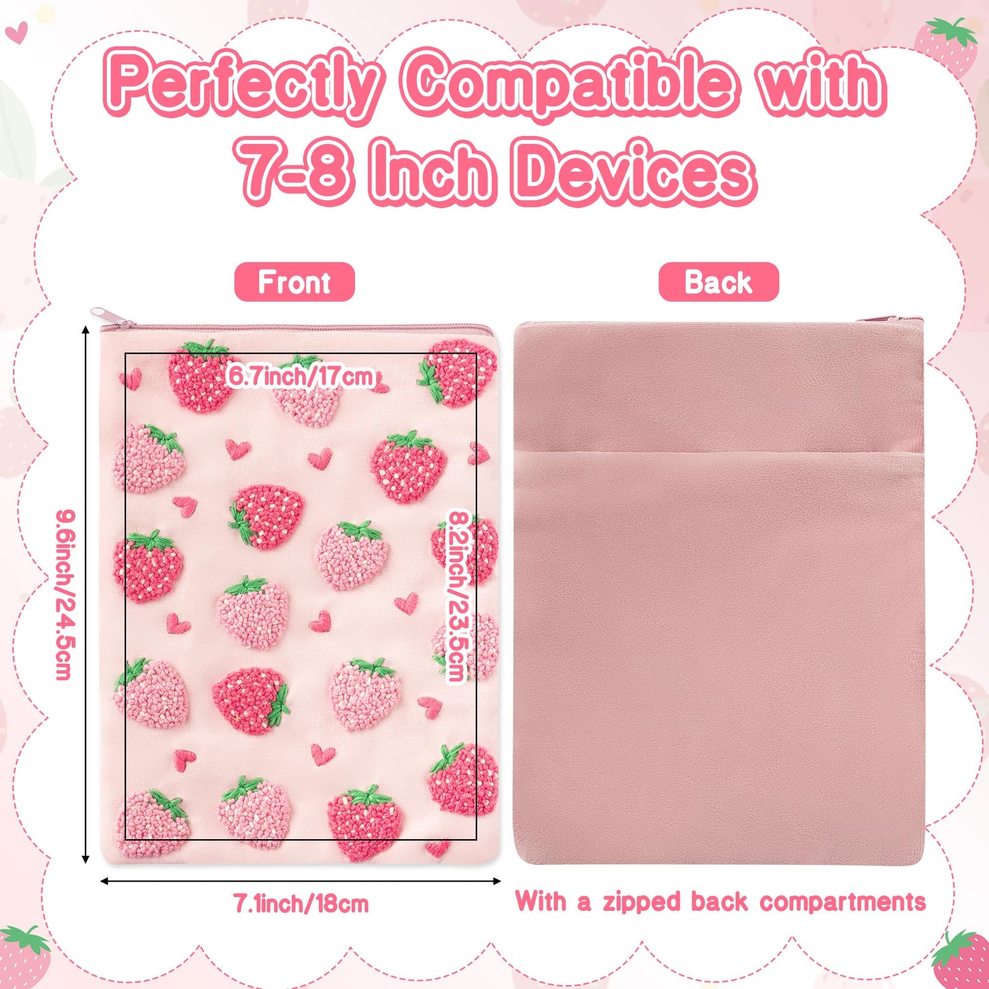 Fiupan All-in-One Strawberry Embroidery Kit - DIY Craft Kit with Thread, Fabric & Needles, Pink Embroidery Pouch for Tablet E-Reader Sleeve, Creative Birthday Gifts for Beginners（7-8 Inch）
