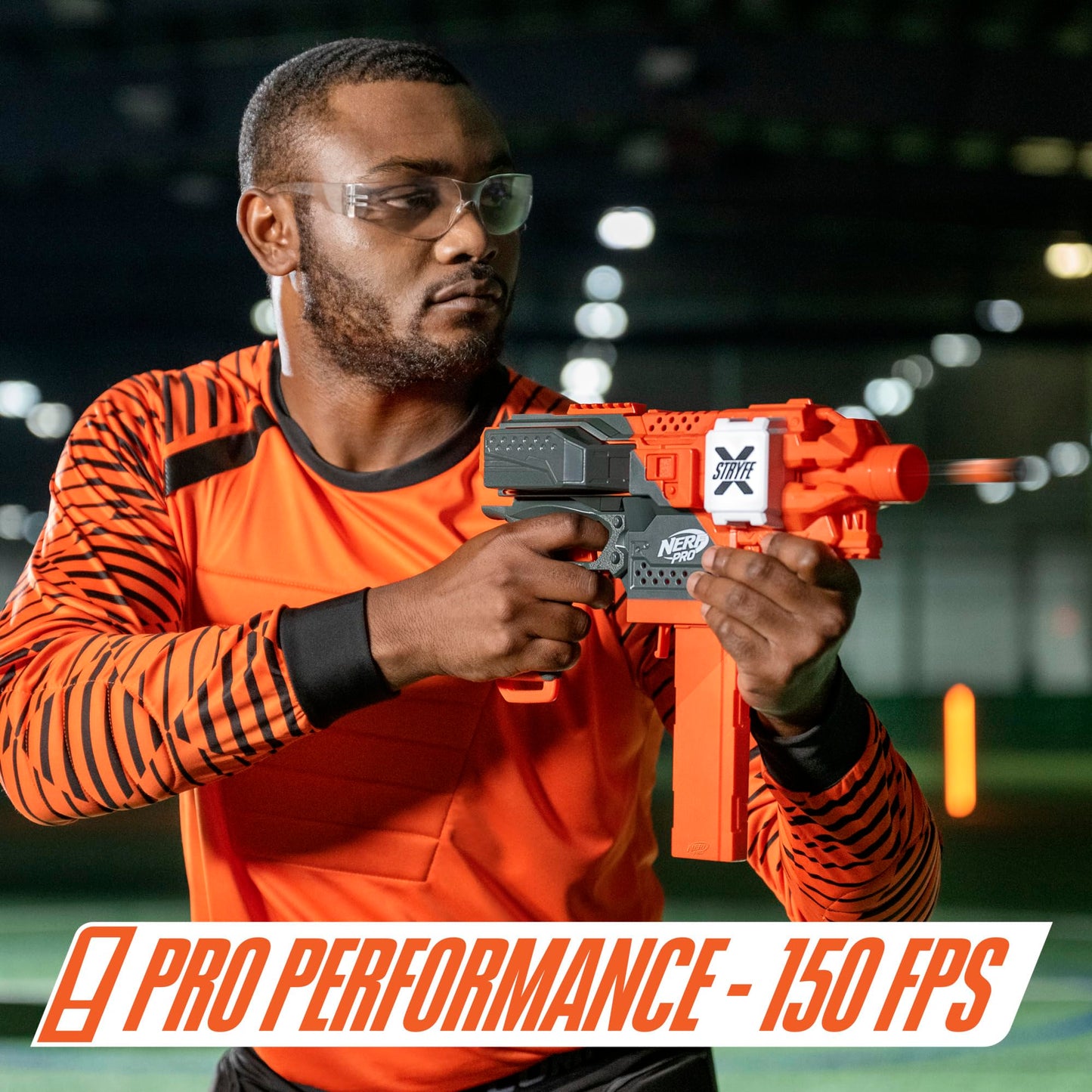 NERF Pro Stryfe X Dart Semi-Auto Blaster, Rechargeable LiPo Battery, 30 AccuStrike Half-Length Darts, 15-Dart Magazine, 150 FPS, Eyewear, 14+ (Amazon Exclusive)