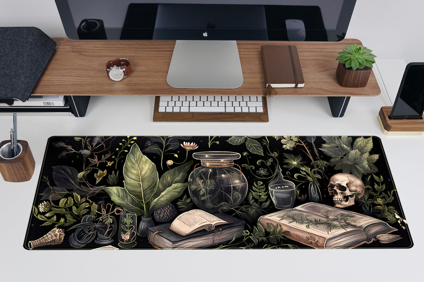 Dark Academia Desk Mat Mouse Pad XL Extended Large Gaming Desk Pad Mousepad, Mystical Green Plant Computer Laptop Keyboard and Mouse Mat, Desktop Protector Mat for Women Girl Office 31.5x11.8 in