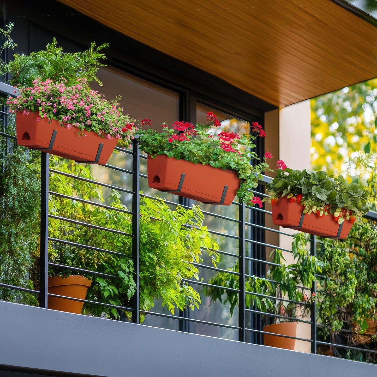 ETELI Railing Planter Box 6 Pack Balcony Planters Railing Hanging with Metal Brackets Window Boxes Deck Rail Planter for Outdoor Indoor Porch Garden Patio, Red & Black