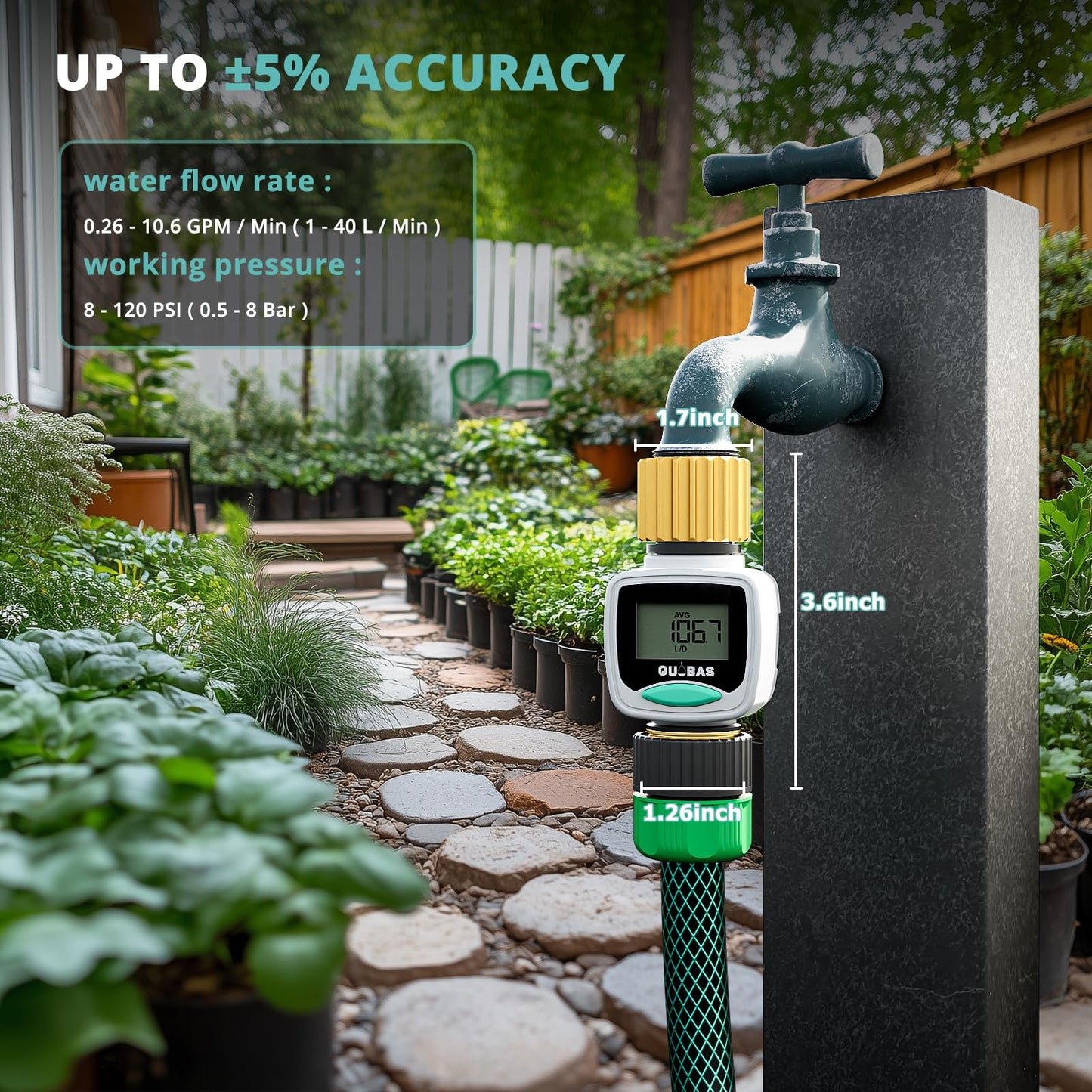 QUOBAS 3 Pack Water Flow Meter with Brass Fittings, Easy-Install Garden Hose Flow Meter for RV, Outdoor Plants, Lawn & Pool, Waterproof Screen, Tracks Gallon/Liter Usage, 4 Modes