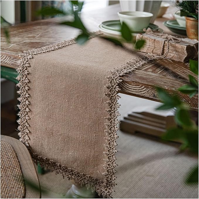 Natural Jute Table Runner, Burlap Style Table Runner, Rustic Farmhouse Table Runner Vintage for Wedding Party Table Decorations, Boho Décor Jute Hemp Woven Edge Placemat Set of 4 (30x50cm) TAB28