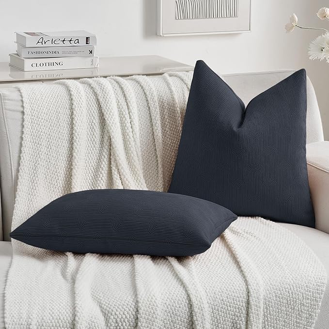 FUTEI Navy Blue Chenille Decorative Throw Pillow Covers 24x24 Inch Set of 2,Soft Cozy Striped Geometric Patterns European Cushion Cases,Modern Home Decor for Couch Bed Living Room