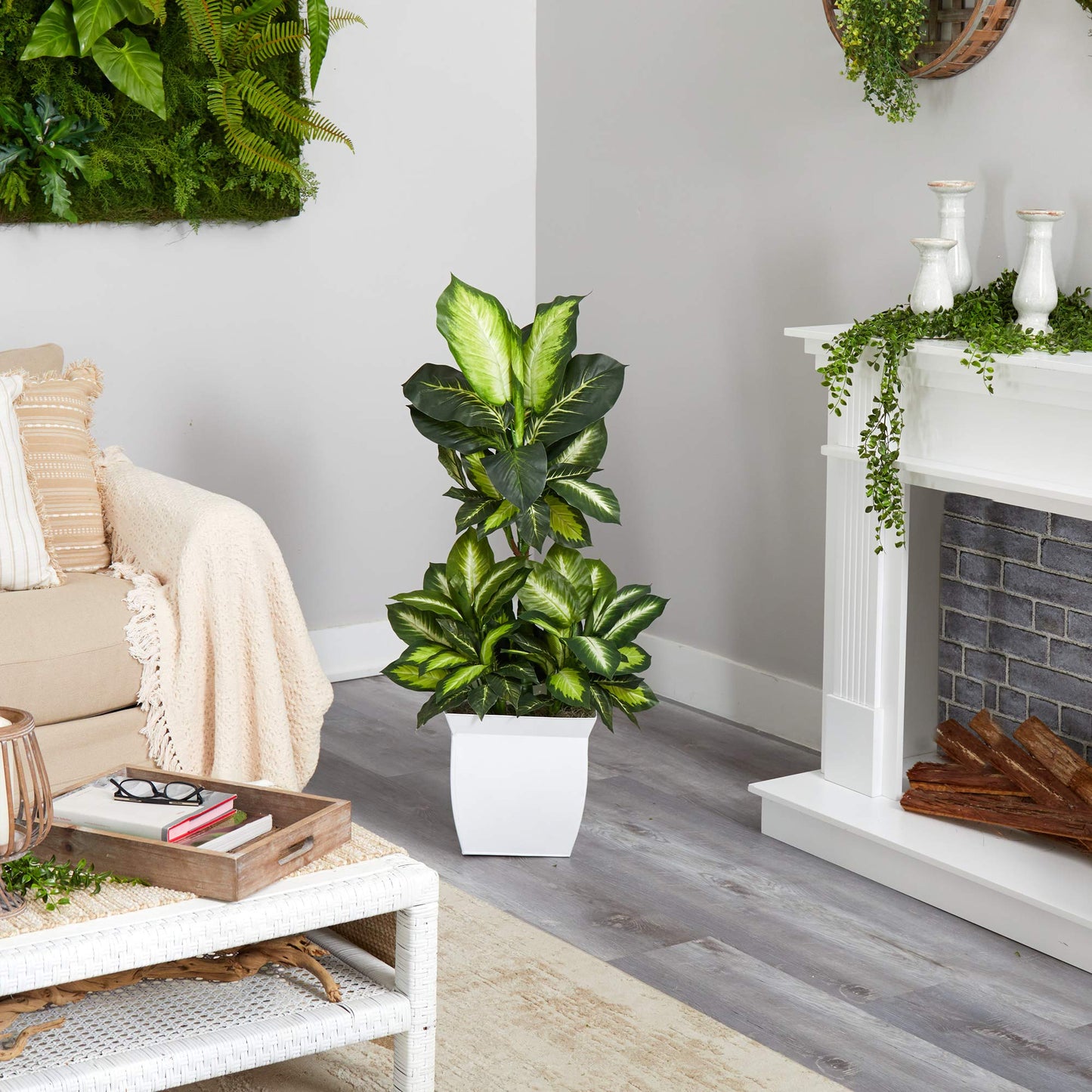 Nearly Natural 46in. Golden Dieffenbachia Artificial Plant in White Metal Planter