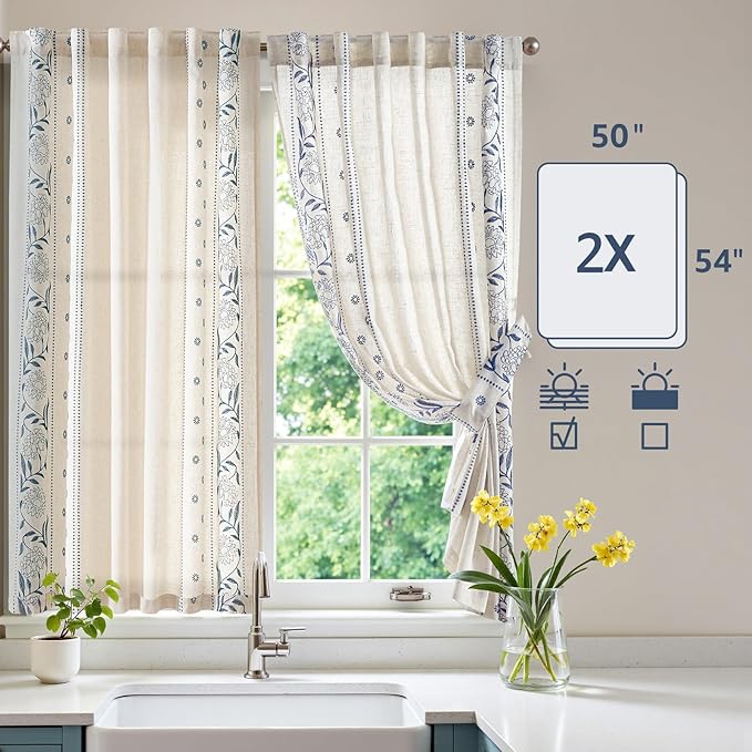 jinchan Winslow Linen Curtains 54 Inch Length Small Window Curtains Embroidered Bordered Floral Drapes Light Filtering for Bathroom Laundry Room Kitchen Farmhouse Decor Blue on Beige 2 Panels