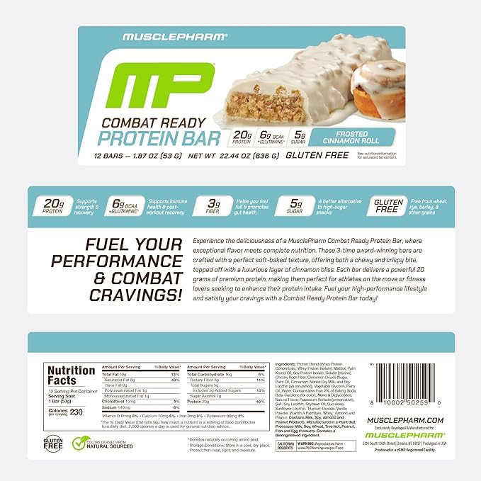 MusclePharm Combat Ready Protein Bar, Cinnamon Roll High Protein Bars, Combat Cravings, Fuel Performance & Meet Energy Demands, 20g Protein from Whey Protein, 3g Fiber, Gluten Free, 12 Bars