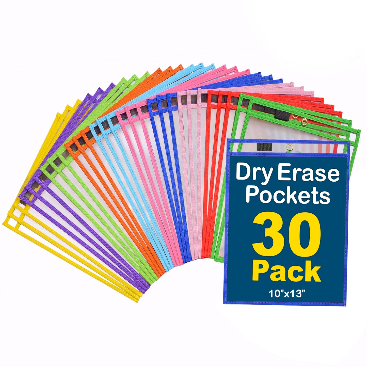 BONBELA Dry Erase Pockets 30 Pack - 10 x 13 Reusable Dry Erase Pocket Sleeves for Work & School Worksheets - Heavy Duty Clear Pocket Sleeves - Quickly Wipe to a Flawless Clean (Multicolor)