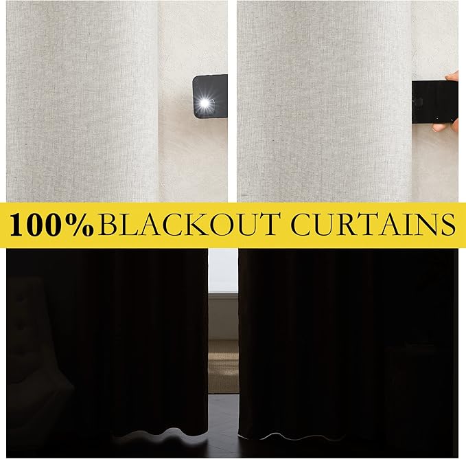 NICETOWN Extra Long Linen 100% Blackout Curtains 102 inches Length 2 Panels Set with Thermal Insulated Liners, Ivory, 62" Width, Farmhouse Style Window Draperies for Patio Sliding Glass Door