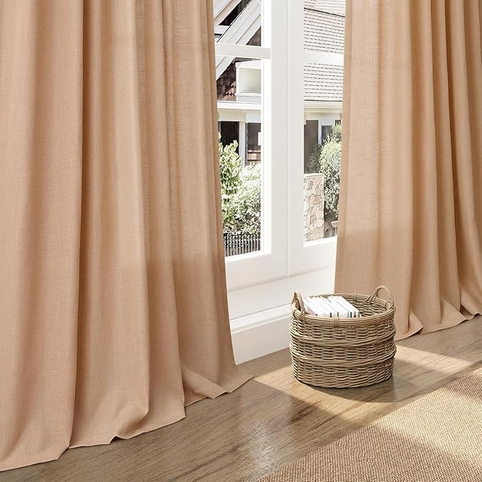 Nanspring Camel Linen Curtains for Living Room Extra Long 144 Inches Long Back Tab Light Filtering Semi Sheer Curtain Vintage Rustic Decor Floor to Ceiling High Window for Bedroom 52x144, 2 Panels