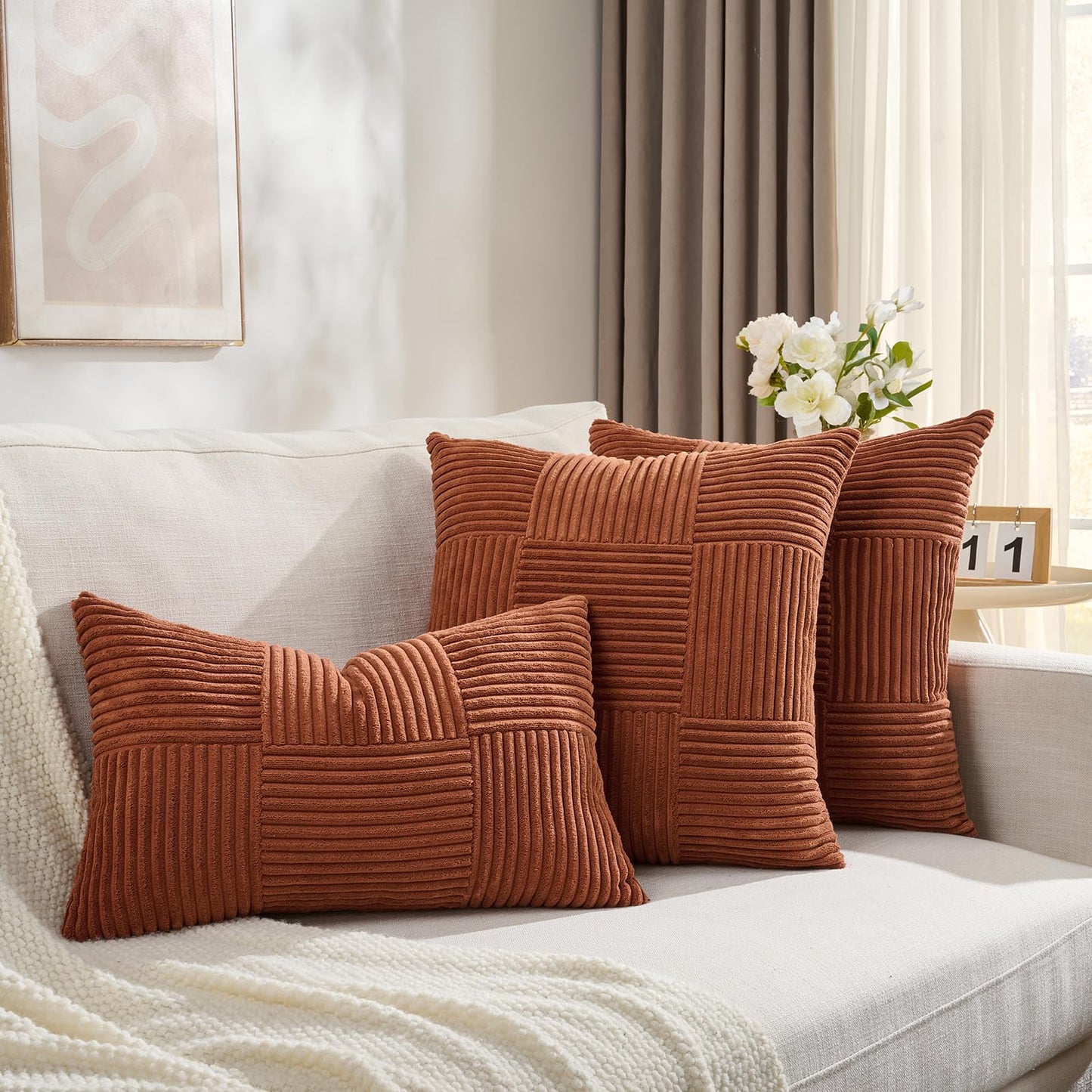 Fancy Homi Set of 2 Rust Boho Decorative Throw Pillow Covers 20x20 Inch for Living Room Bedroom Couch Bed Sofa, Modern Farmhouse Home Decor, Soft Striped Patchwork Plaid Corduroy Accent Cushion Case