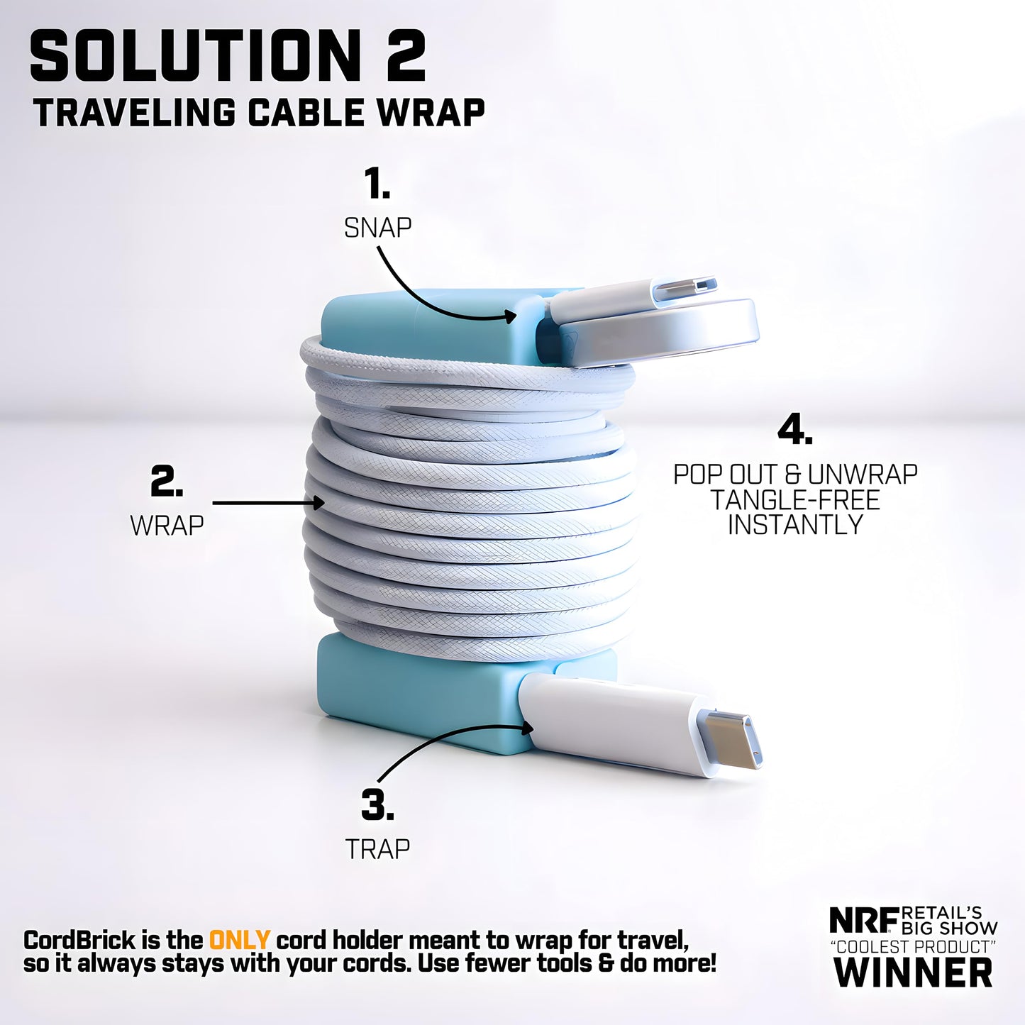 CordBrick Silicone + Steel Weighted Cord Holder for Nighstand, Cable Wrap for Travel, iPhone Accessory, Small Graduation Gift for College Students, Guys, Men. Blue