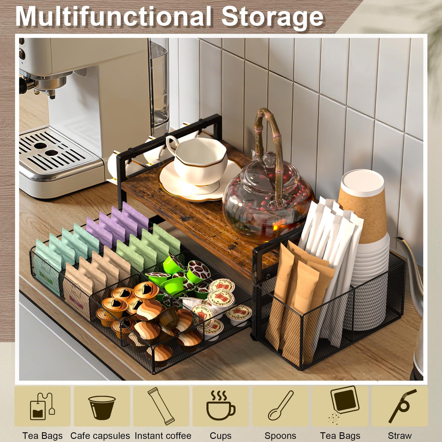 Tea Bag Organizer, Wood Tea Organizers and Storage Chest, Tea Bag Holder with Storage Drawer, 4 Hooks for Tea Cups Holder, Tea Station Chest Display Container Box for Countertop Kitchen, Rustic Brown