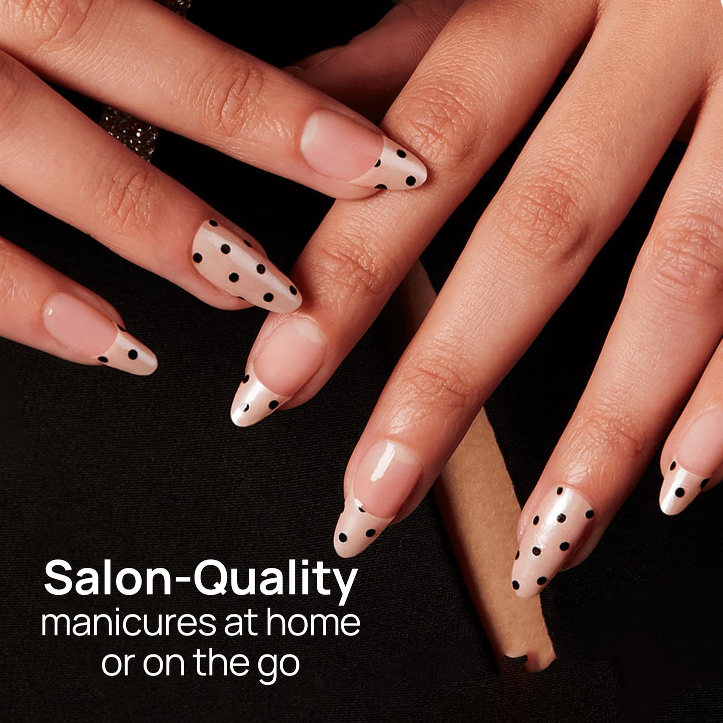 Color Street - Spotted on Set - Champagne French Tip Nails with Black Polka Dots, Real Nail Polish Strips, Shimmer Style Manicure - 16 Double-Ended Strips
