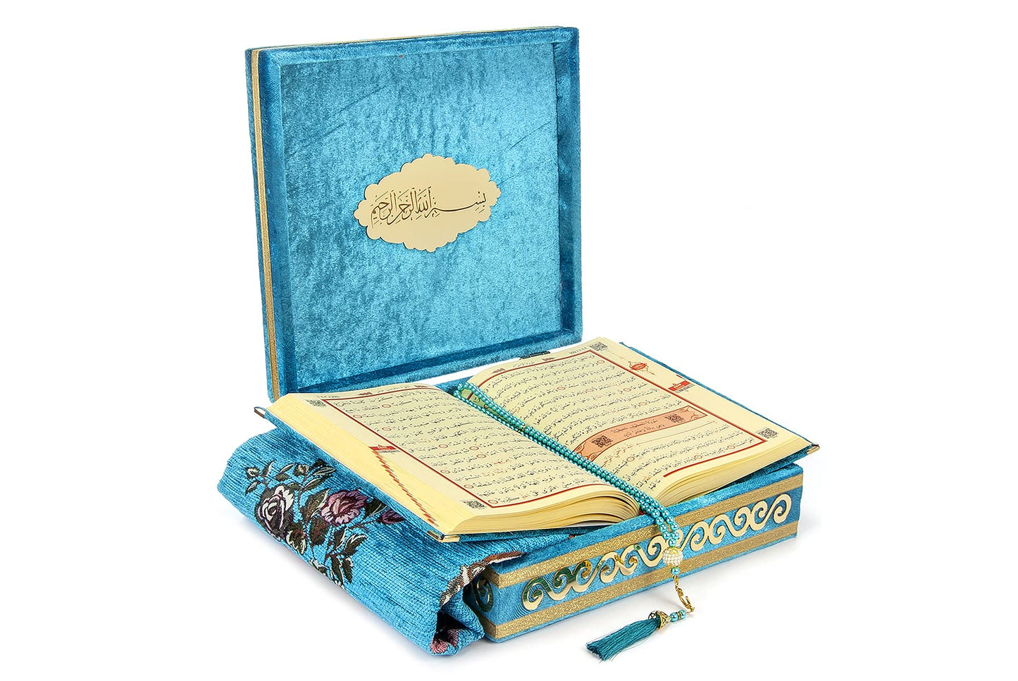 ihvan online Luxury Islamic Prayer Velvet Covered Gift Box, Deluxe 4 Piece Set with Elegant Velvet Covered Quran & Prayer Beads Tesbih & Prayer Rug, Ramadan & Eid Gift, Petroleum