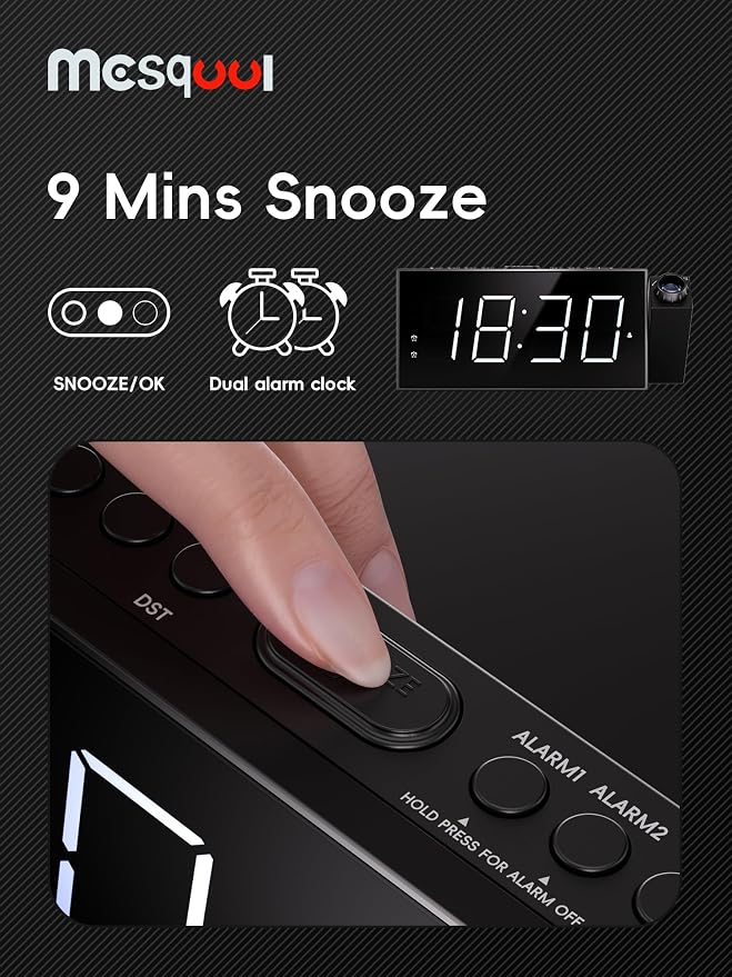 Mesqool Projection Alarm Clock with Loud Bed Shaker, Dual Alarms | 5-level Dimmer, USB charger, Snooze & DST, Loud Vibrating Alarm with Battery Backup, Perfect for Heavy Sleepers