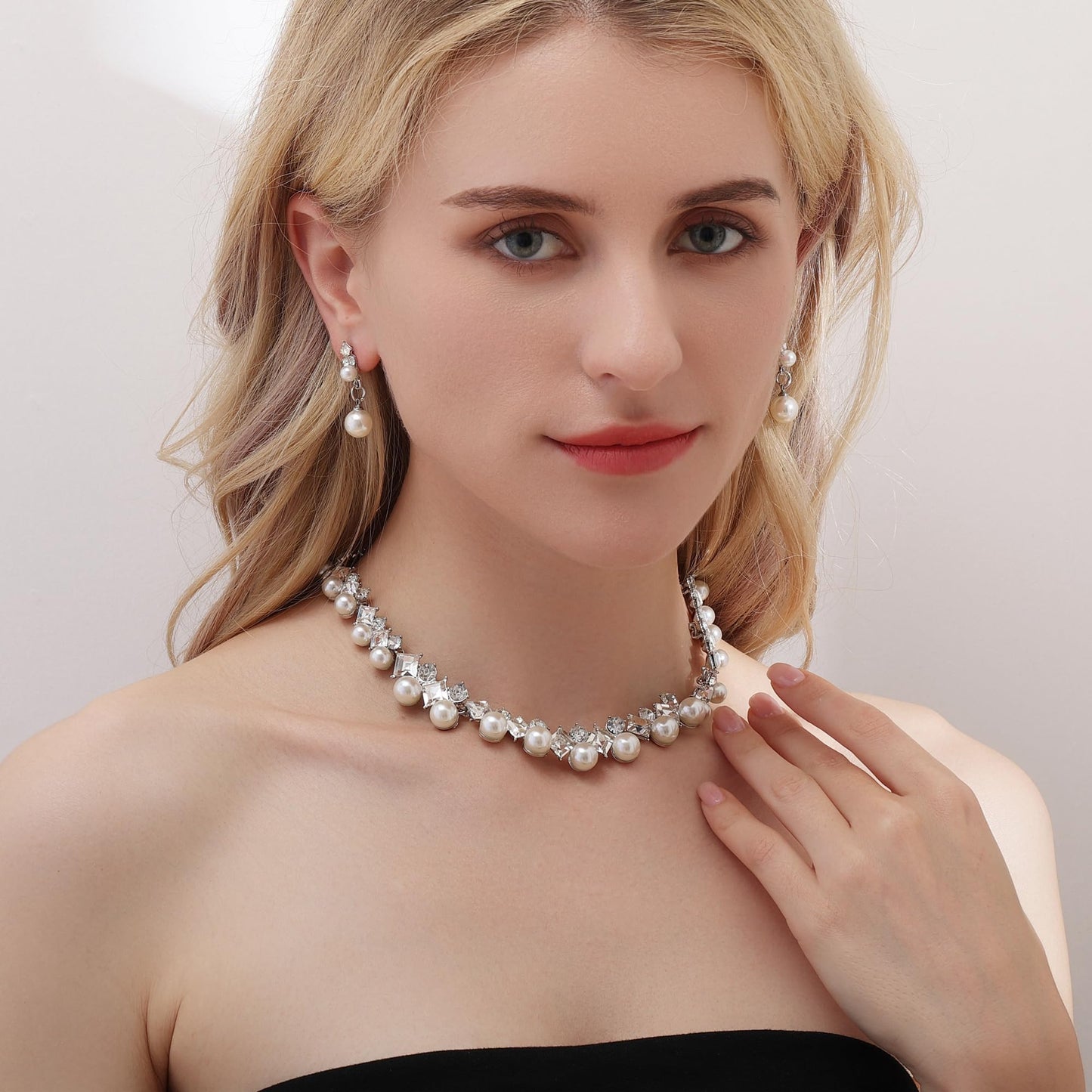 Ailunor Pearl Jewelry Set: 14K Gold/Silver Plated Pearl Drop Earrings, Bracelets & Choker Necklace - Wedding Bridal Gift (2pcs Silver)