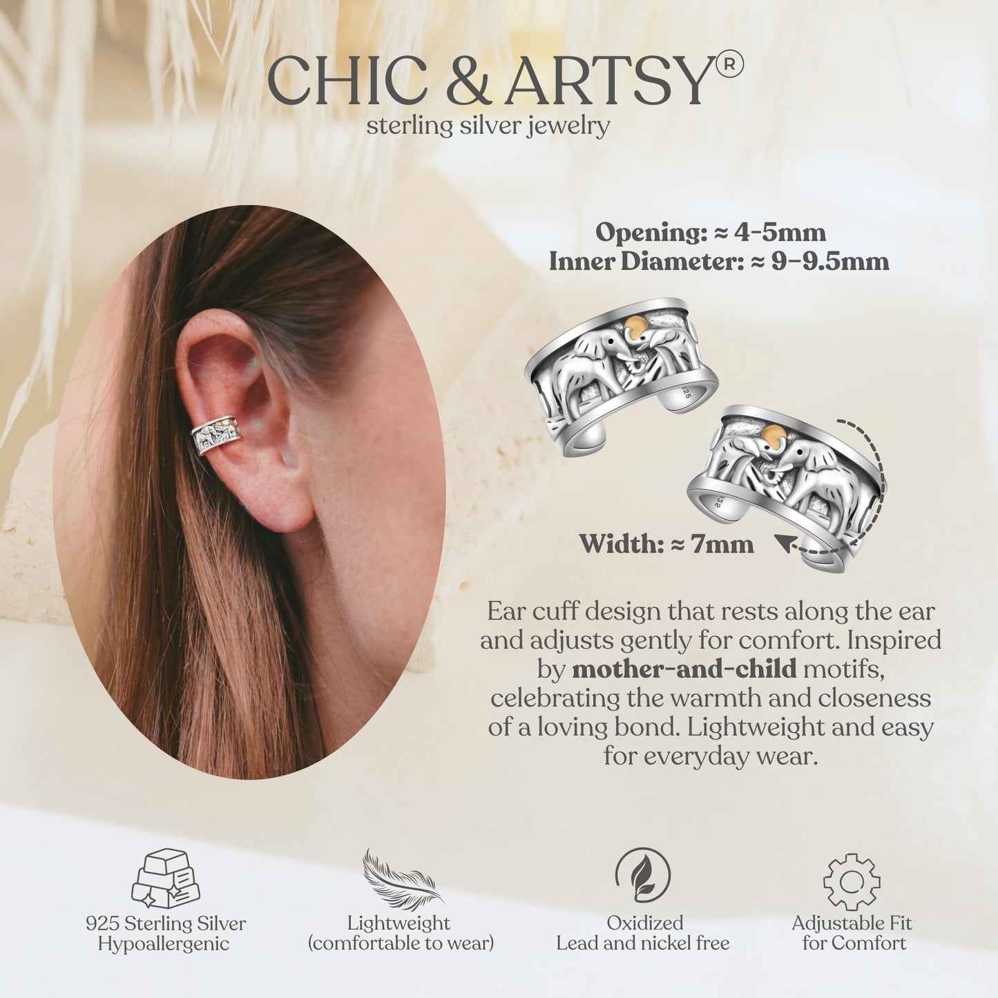 Ear Cuff 925 Sterling Silver Elephant Cuff Earrings Hypoallergenic Ear Cuffs Non Piercing Earring Cartilage Cuff Earring Elephant Clip On Cuff Earring for Women