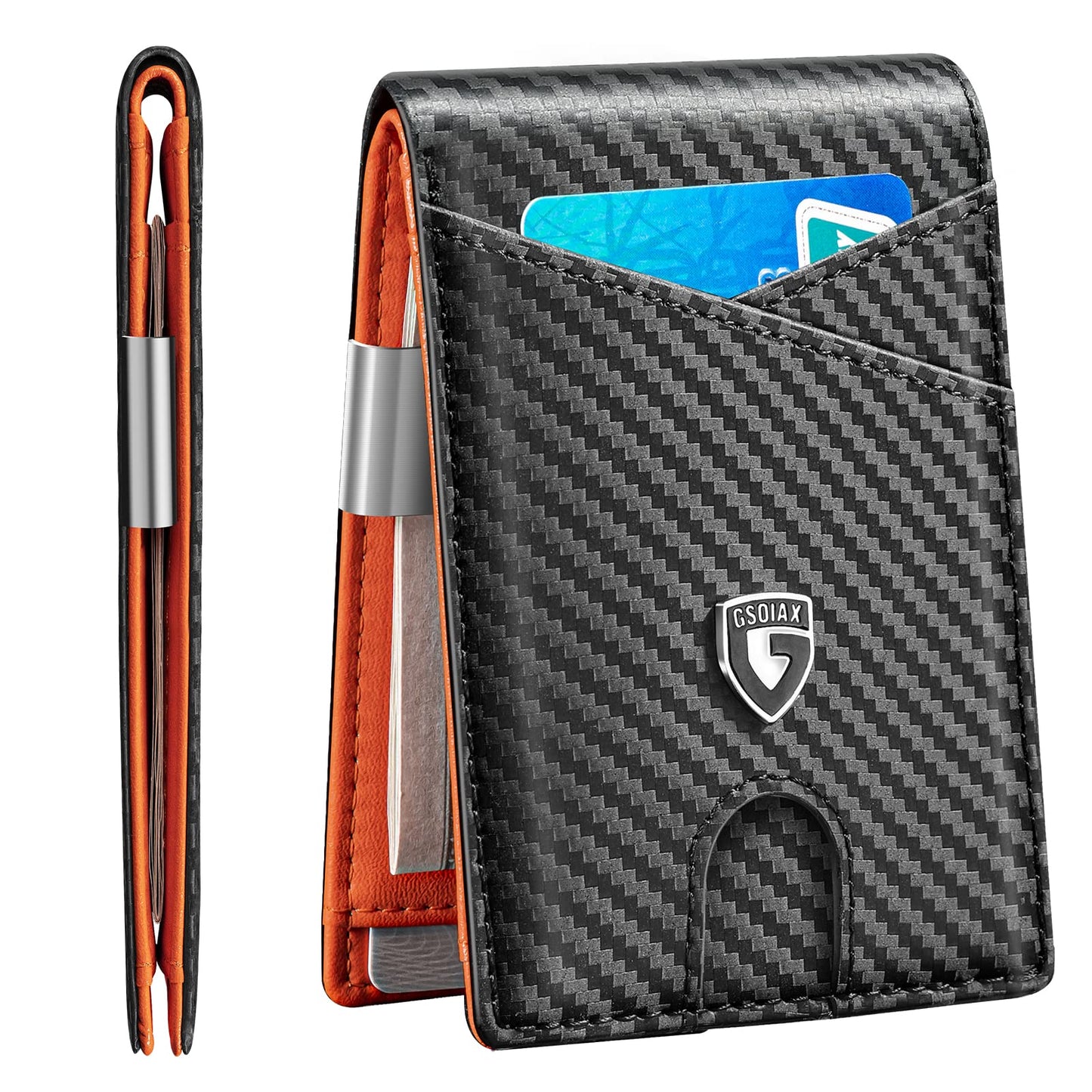 GSOIAX Slim Leather RFID Bifold Wallet for Men Minimalist Front Pocket Wallet with Money Clip,12 Card Slots,ID Window,Cool Groove Design,Includes Gift Box (Carbon Orange)